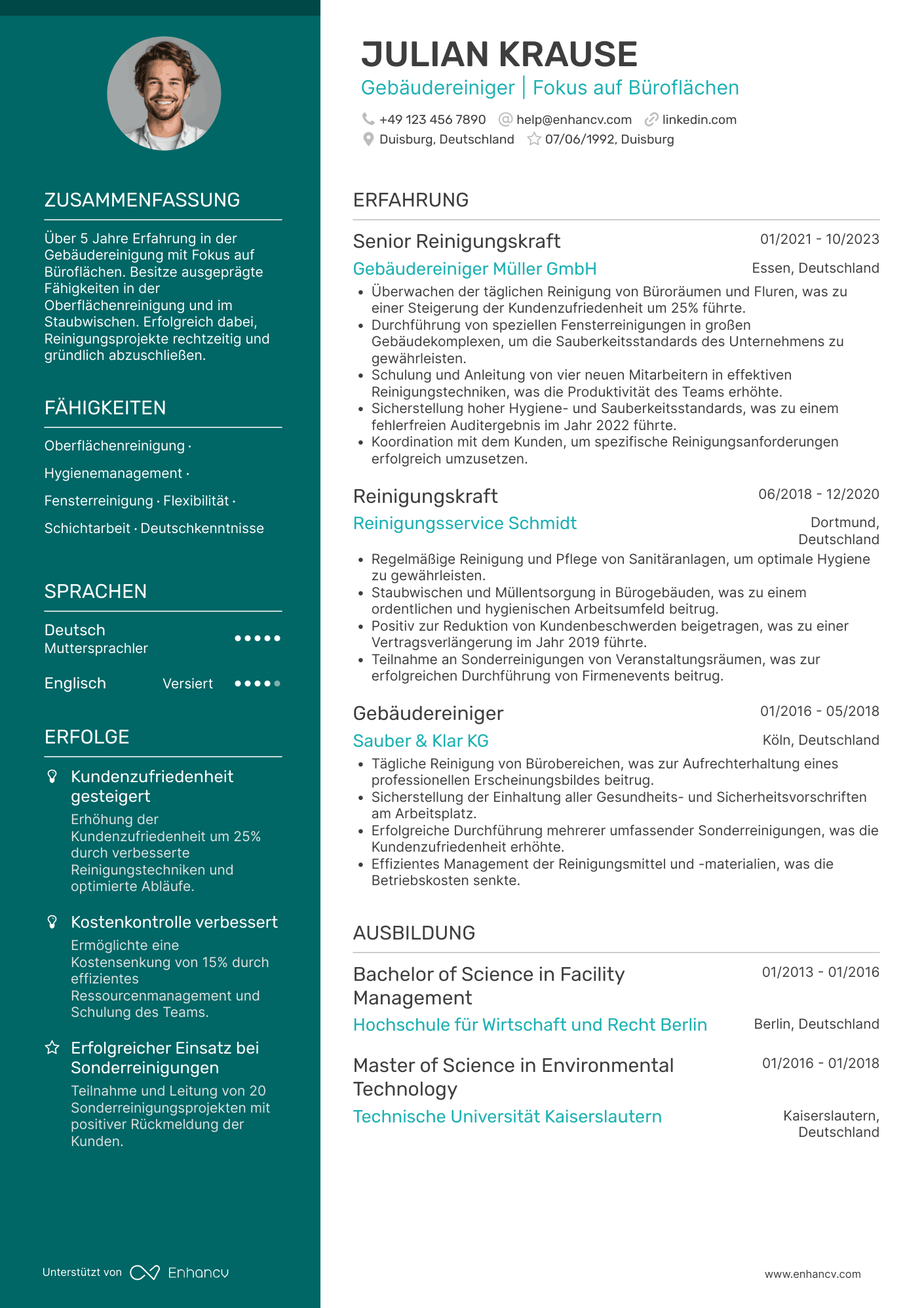 Lebenslauf als Reinigungskraft für Bürogebäude Resume Example