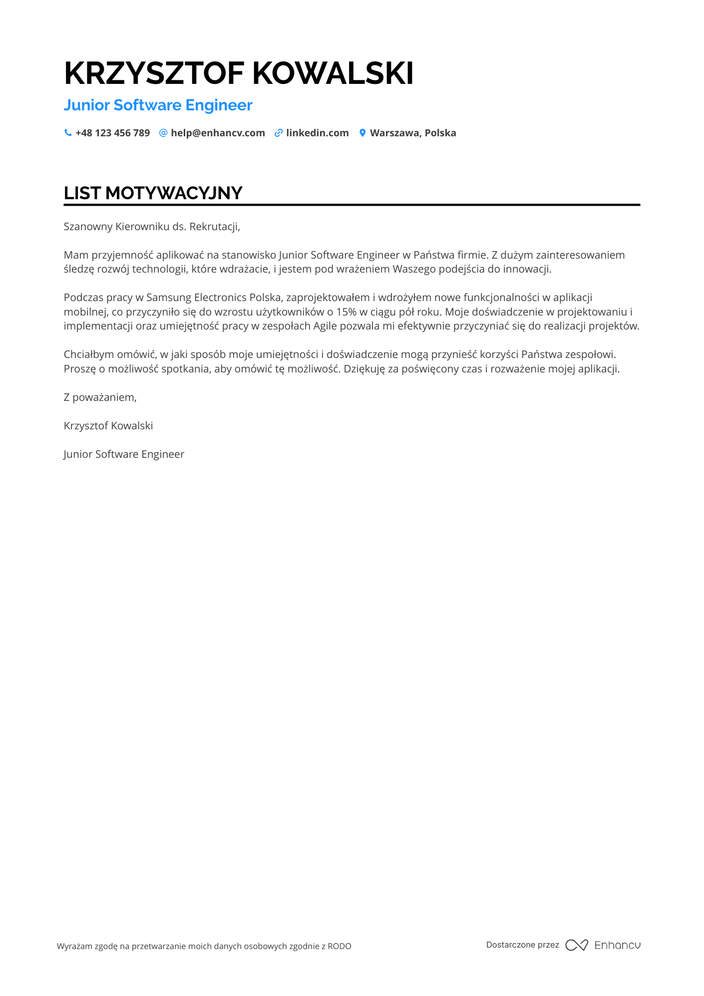 List motywacyjny dla Junior Software Engineer Resume Example