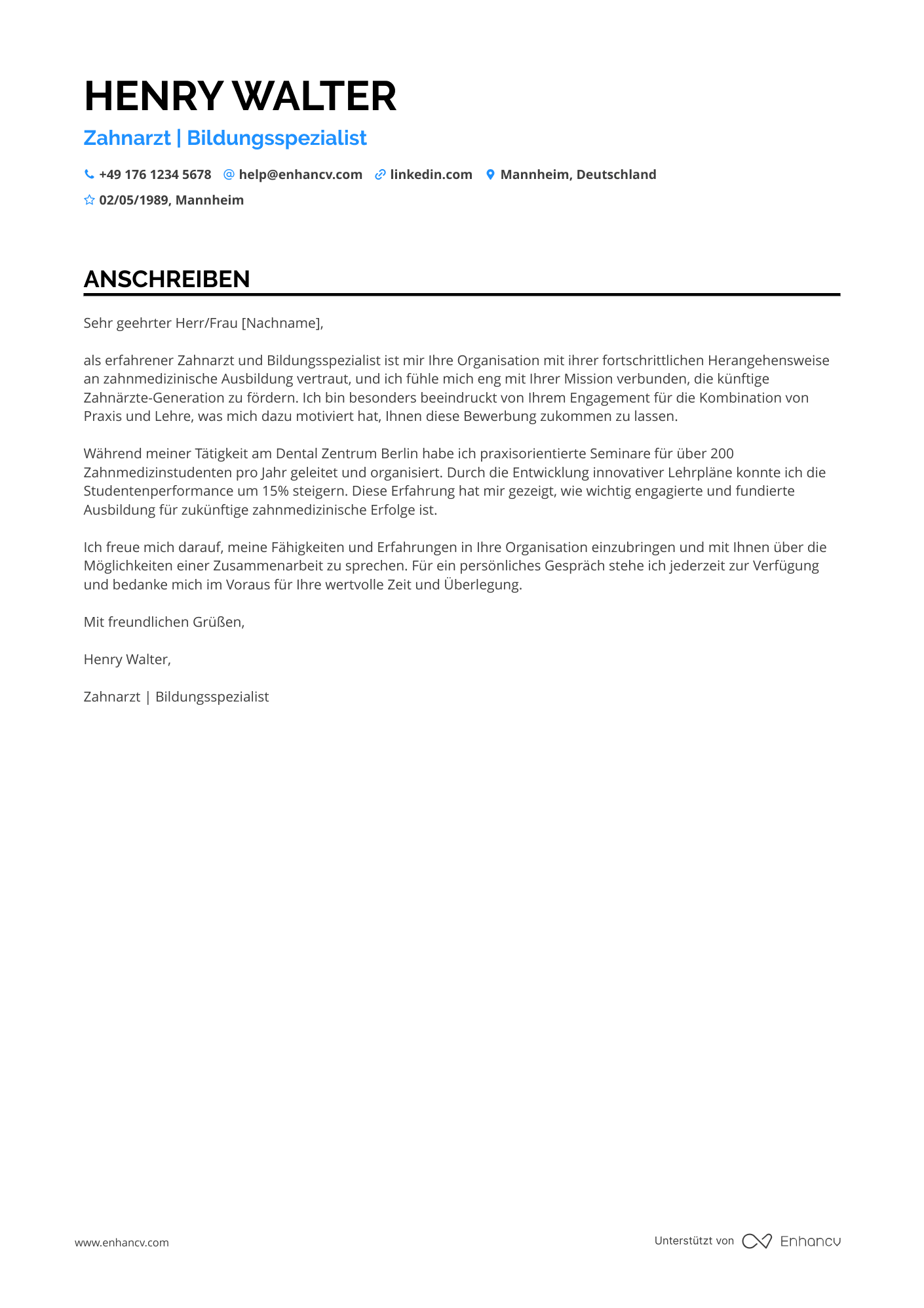Zahnarzt für Zahnmedizin in der Bildungsbranche Resume Example