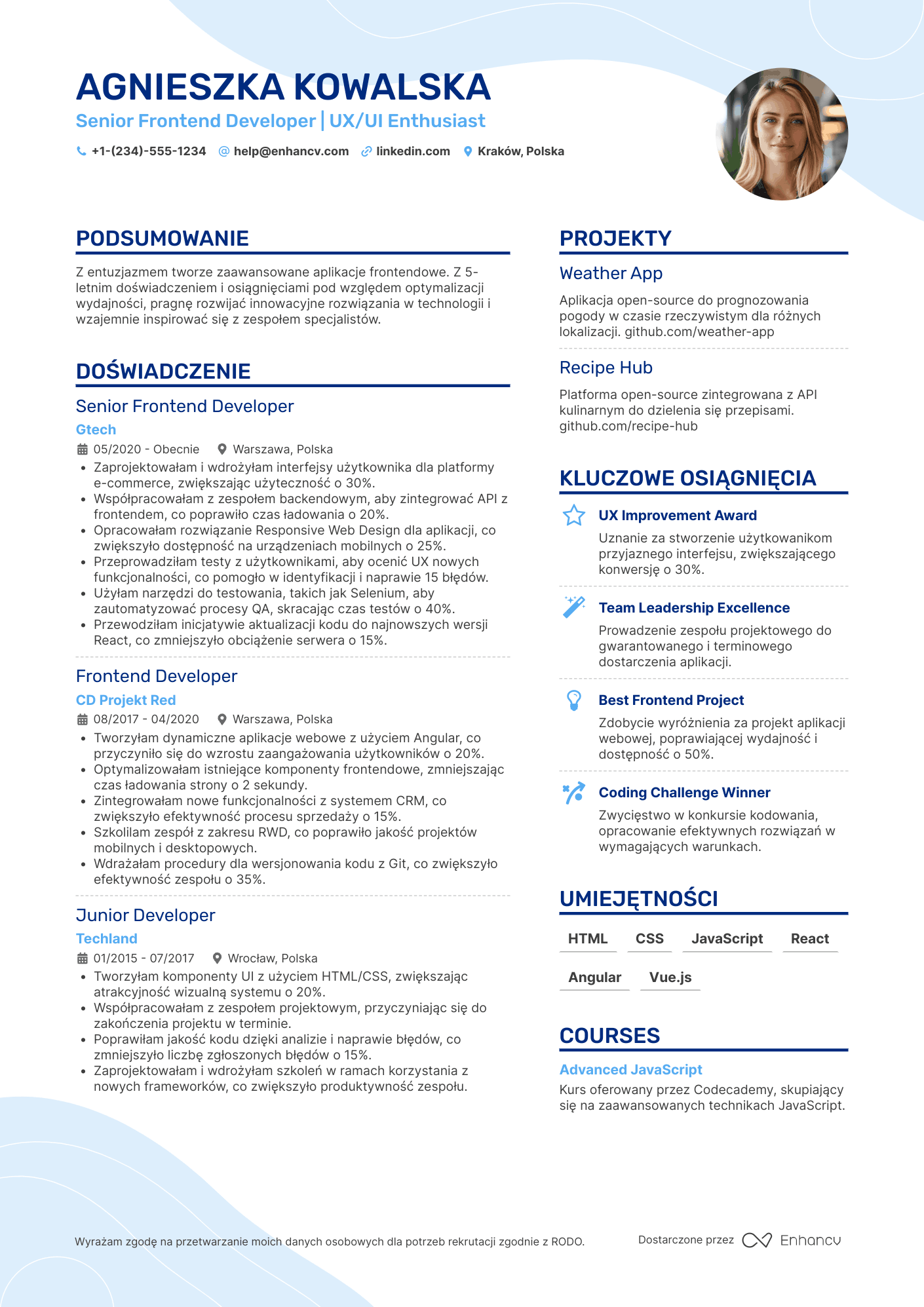 CV dla Programista Frontend Resume Example