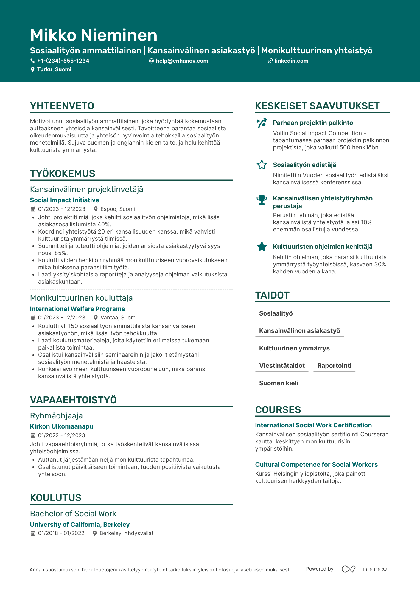 Ansioluettelo Kansainvälinen sosiaalityöntekijä Resume Example