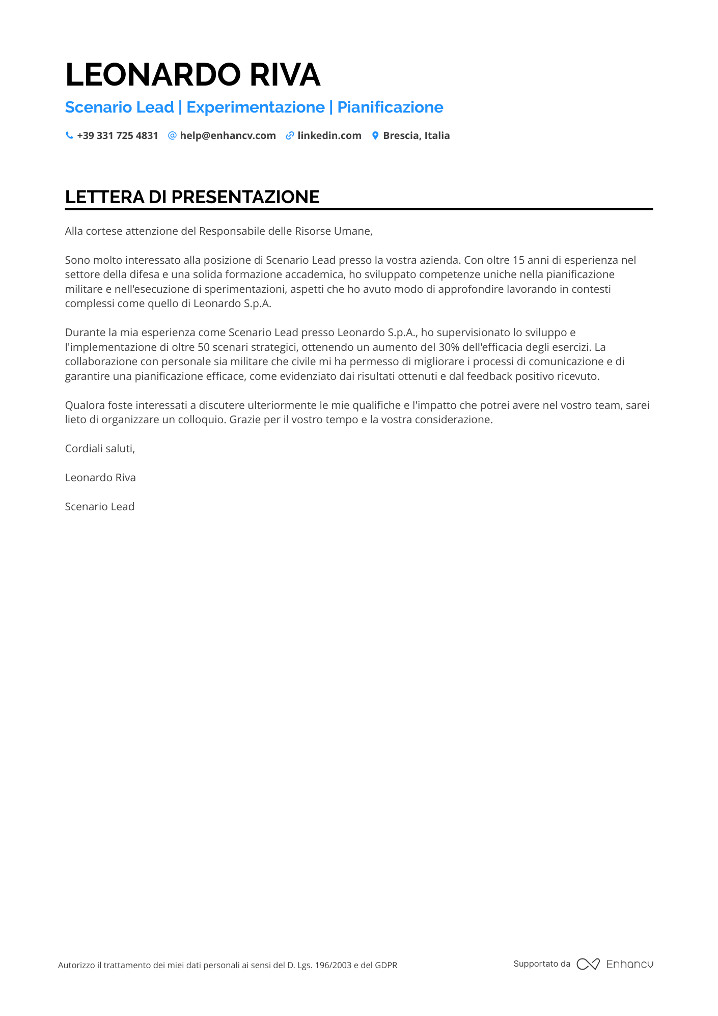 Capo di Stato Maggiore Militare Resume Example