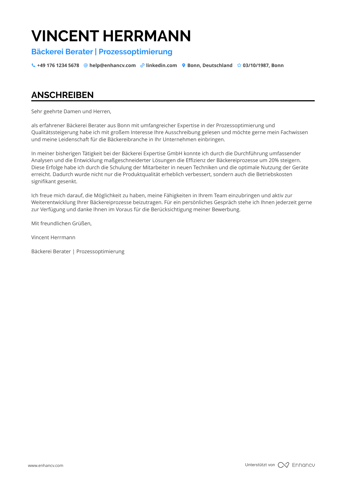Bäckerei Berater Resume Example