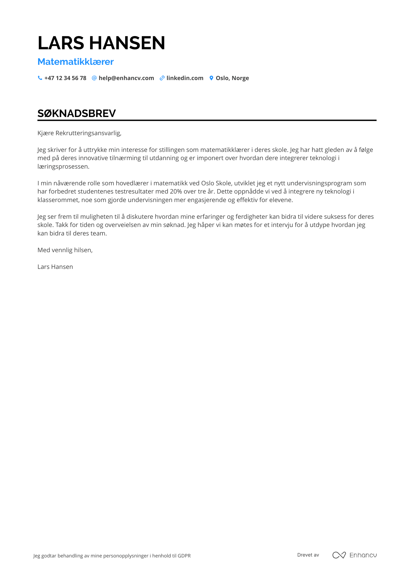 Søknadsbrev for Matematiklærer Resume Example