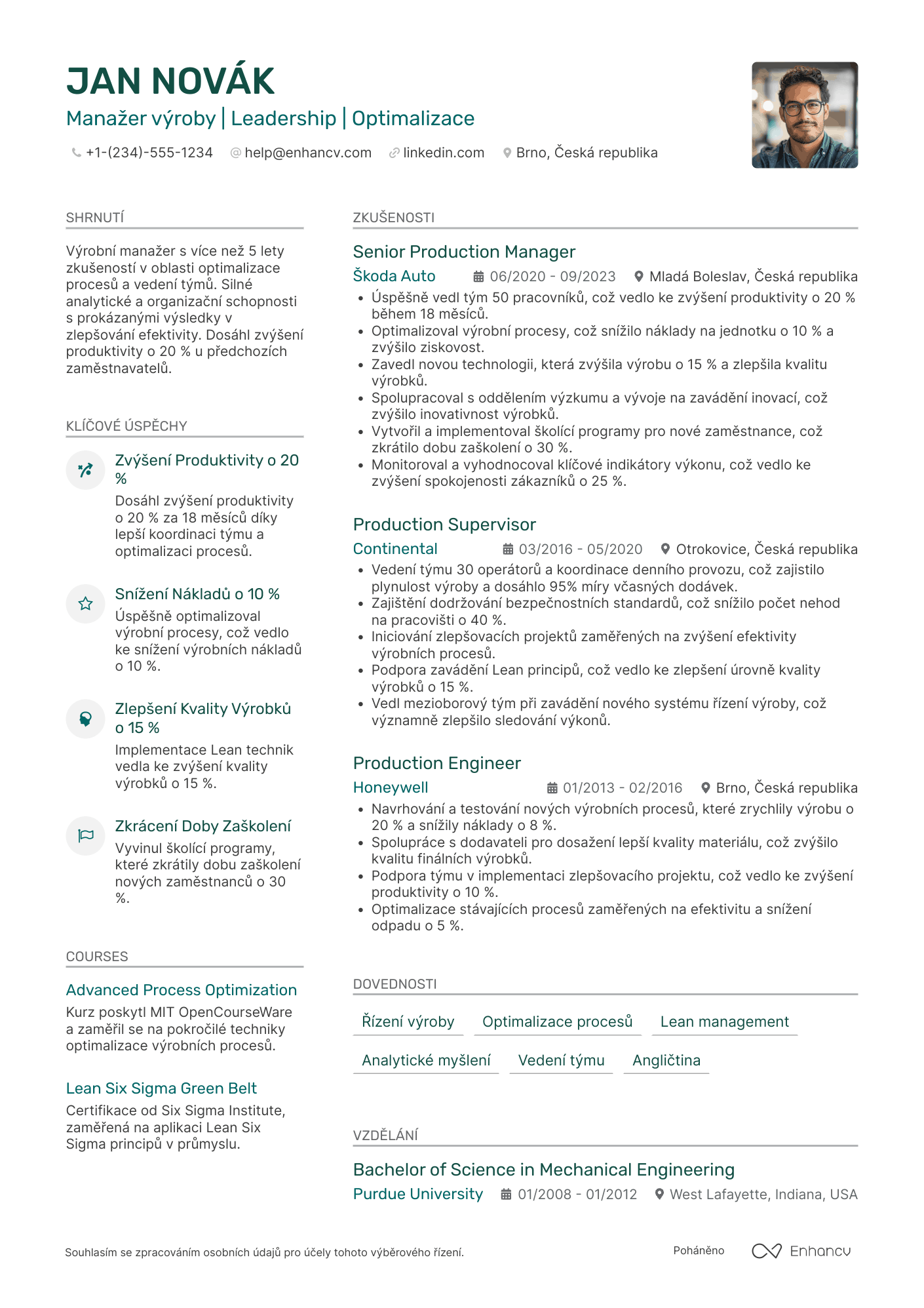 Životopis pro Manažer výroby Resume Example