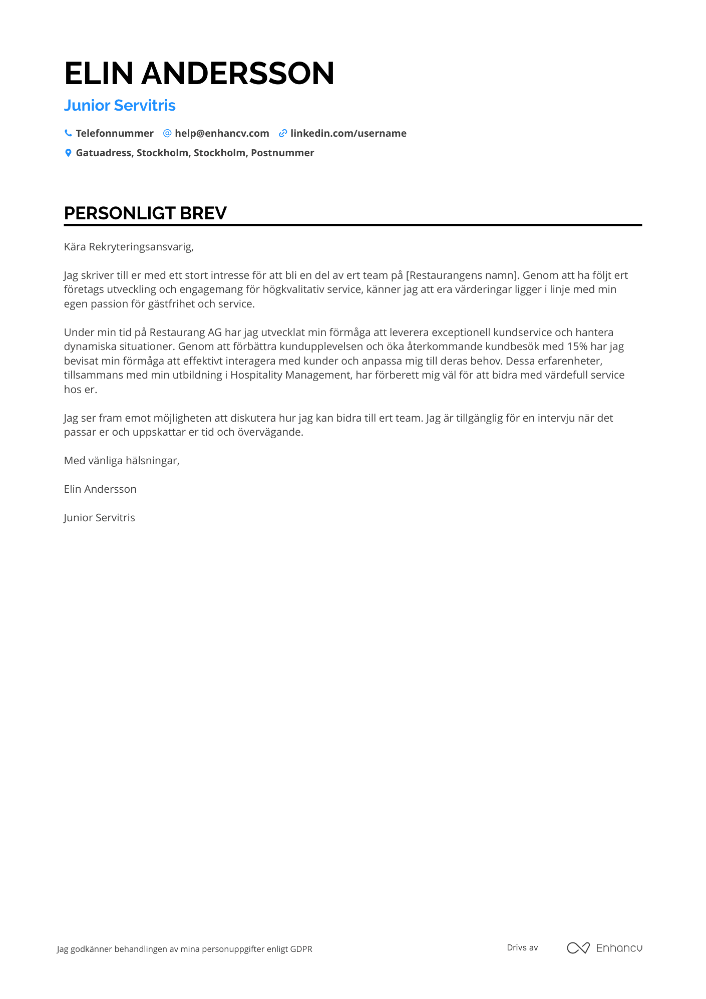 Personligt brev för Junior Servitris Resume Example