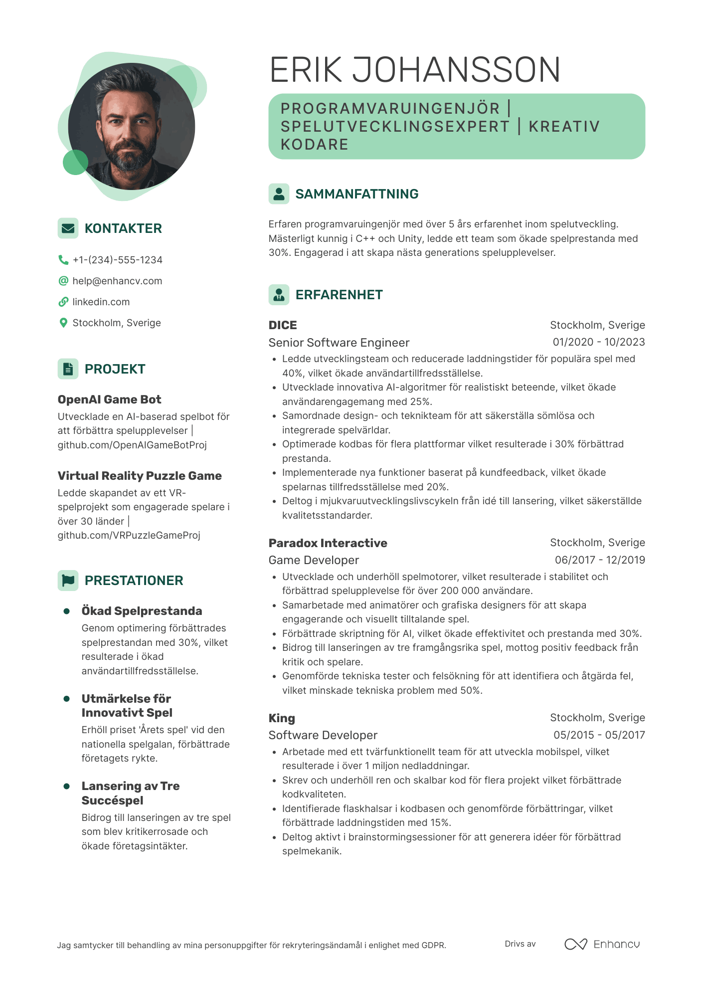 CV för Programvaruingenjör inom spelutveckling Resume Example