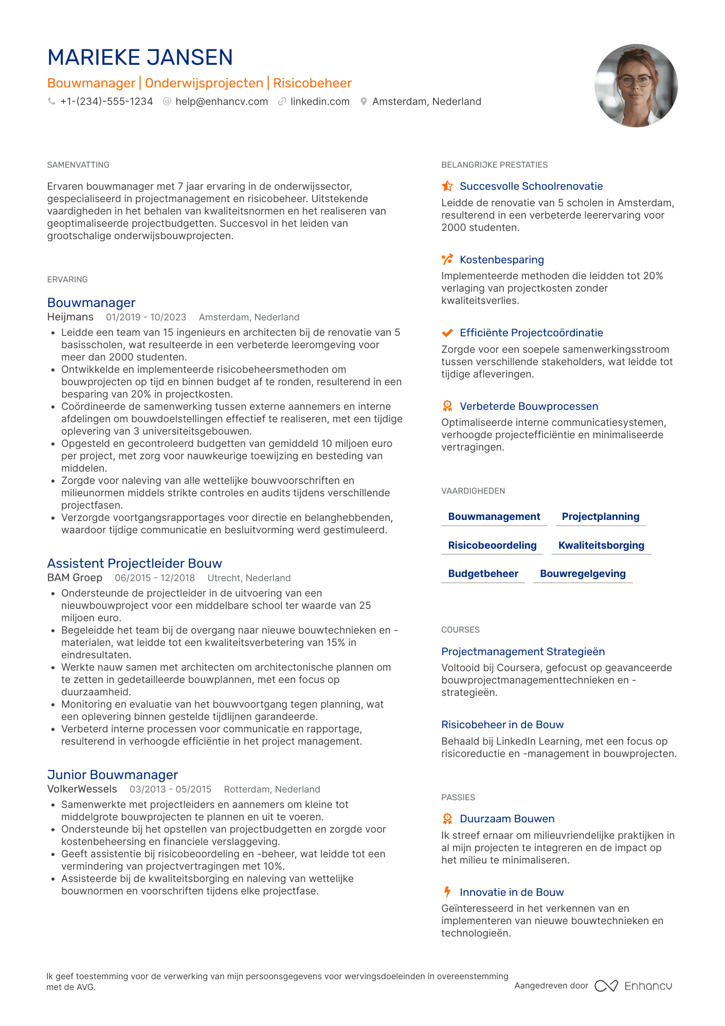 CV voor Bouwmanager in de onderwijssector Resume Example