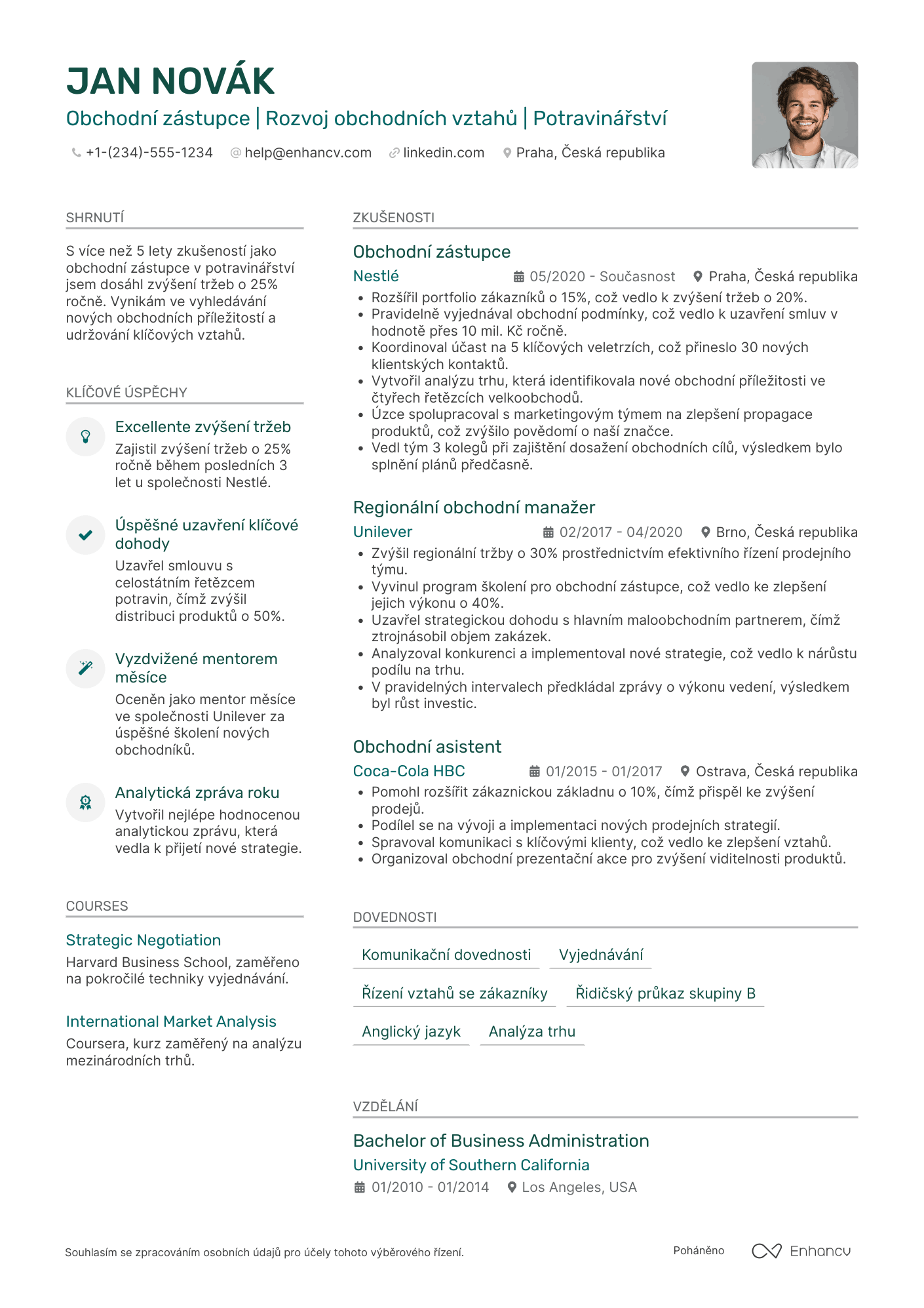 Životopis pro Obchodní zástupce pro potravinářství Resume Example