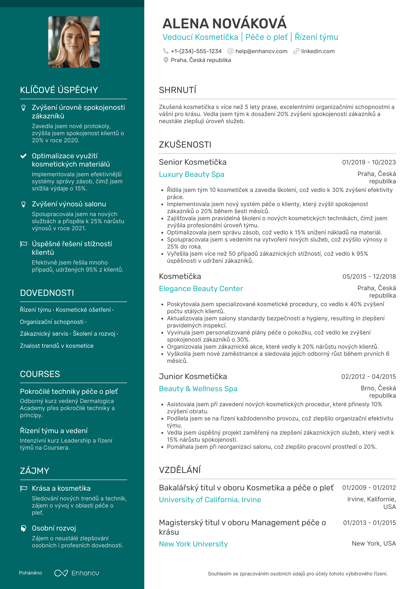 Životopis pro Vedoucí Kosmetička Resume Example