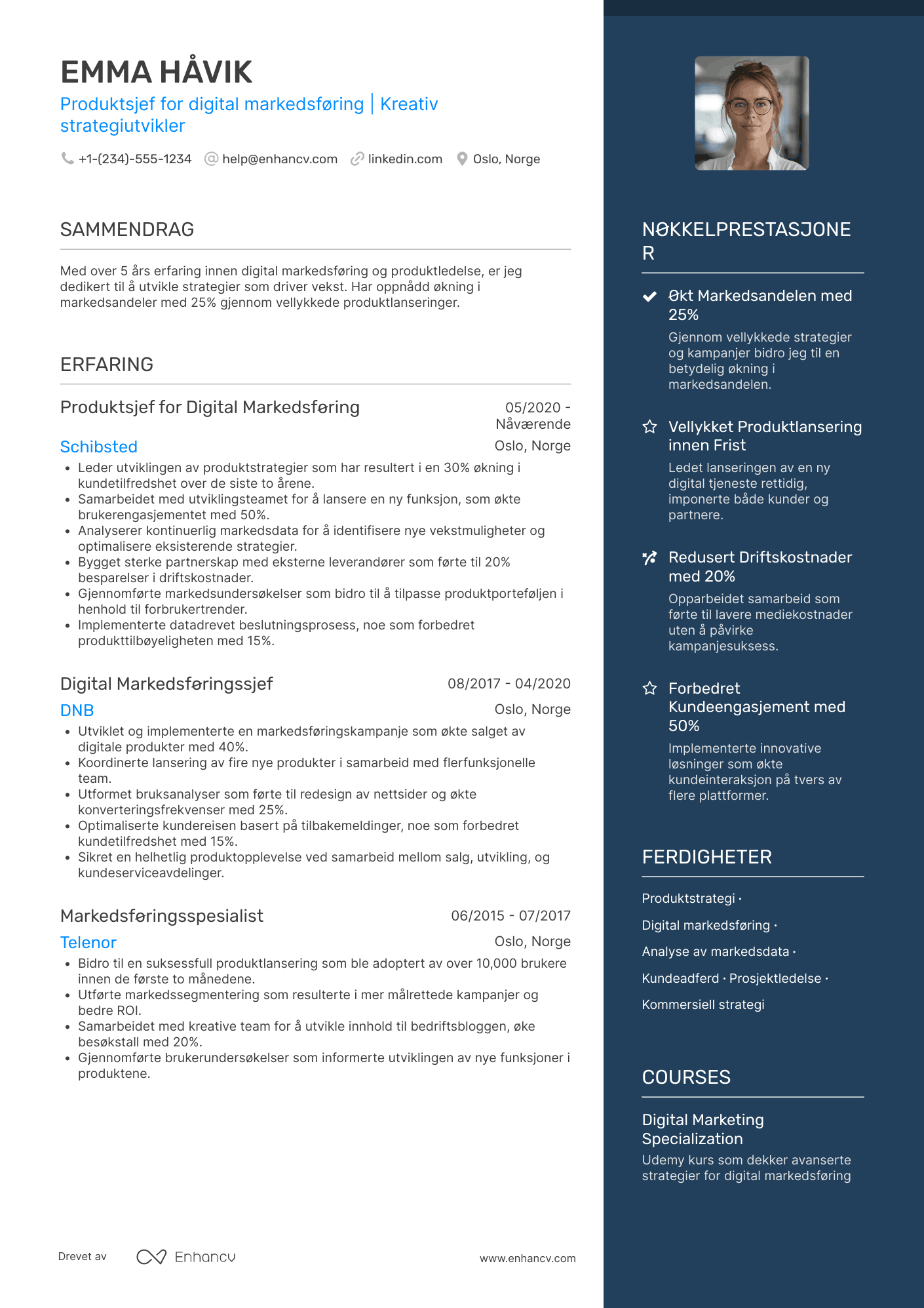 CV for Produktsjef for digital markedsføring Resume Example