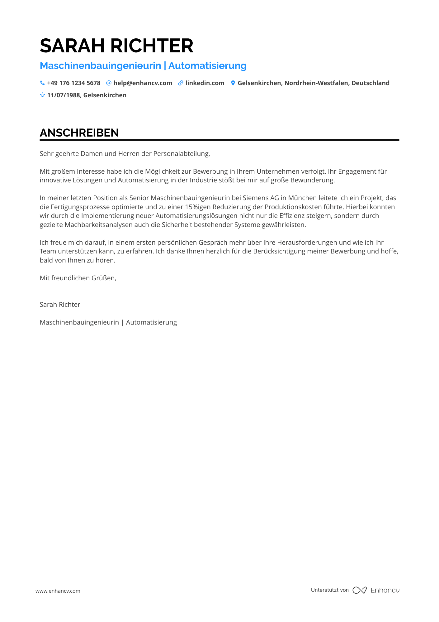 Maschinenbauingenieur für Automatisierungstechnik Resume Example