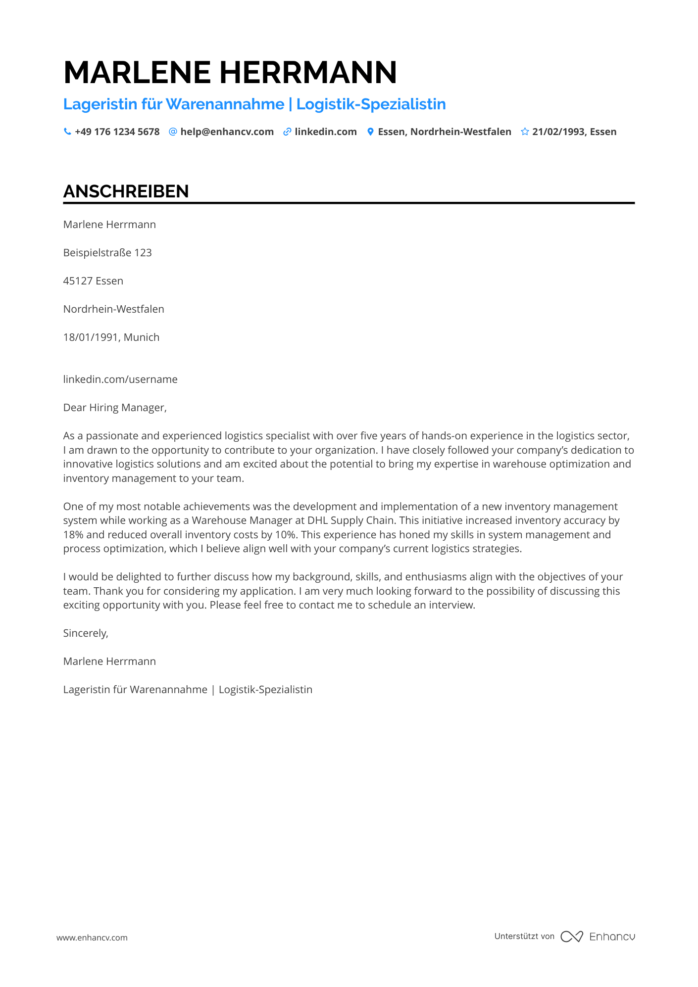 Lagerist für Warenannahme Resume Example