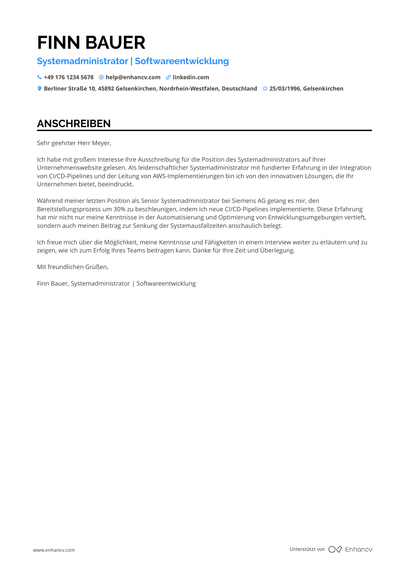 Systemadministrator für Softwareentwicklung Resume Example