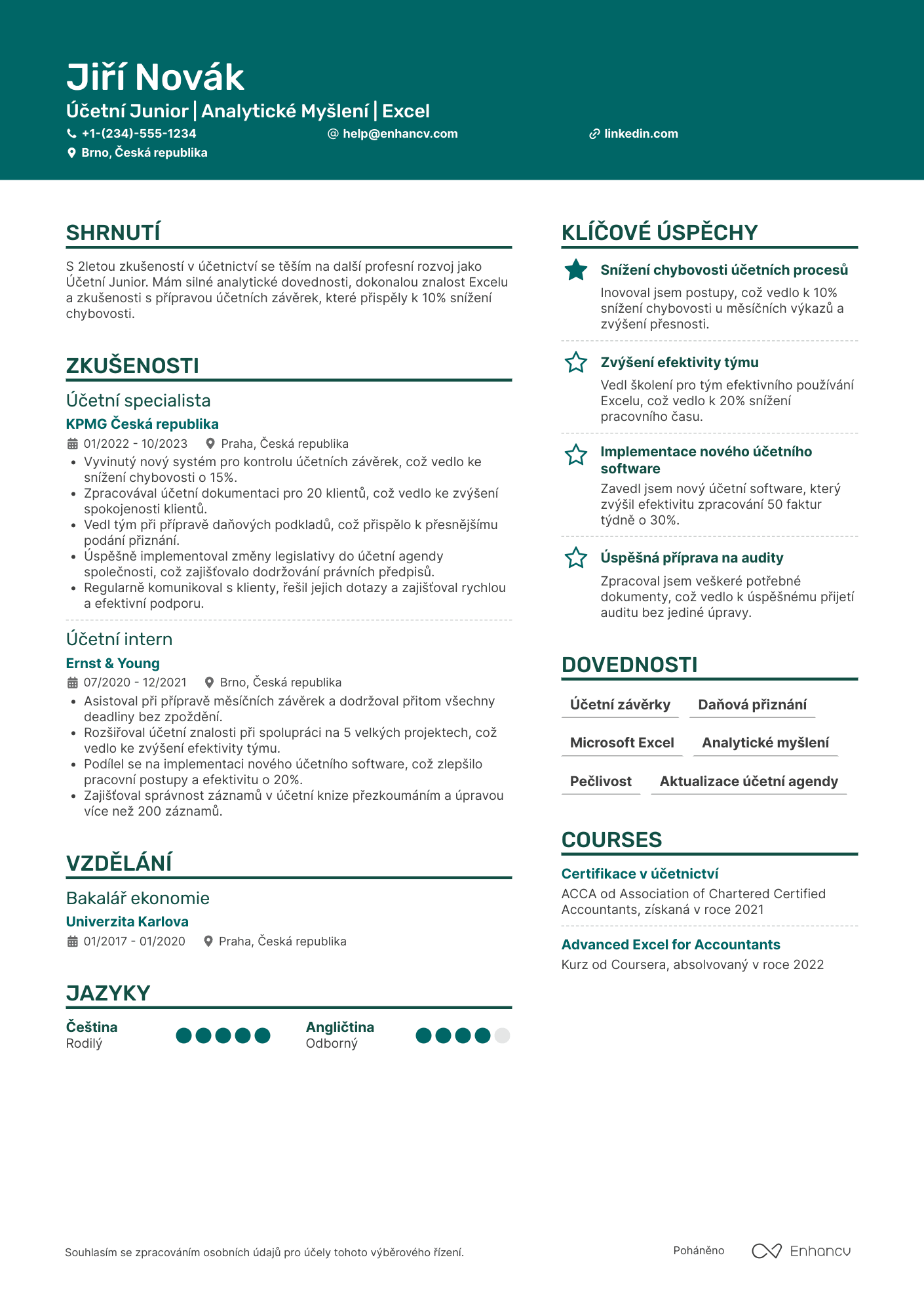 Životopis pro Účetní Junior Resume Example