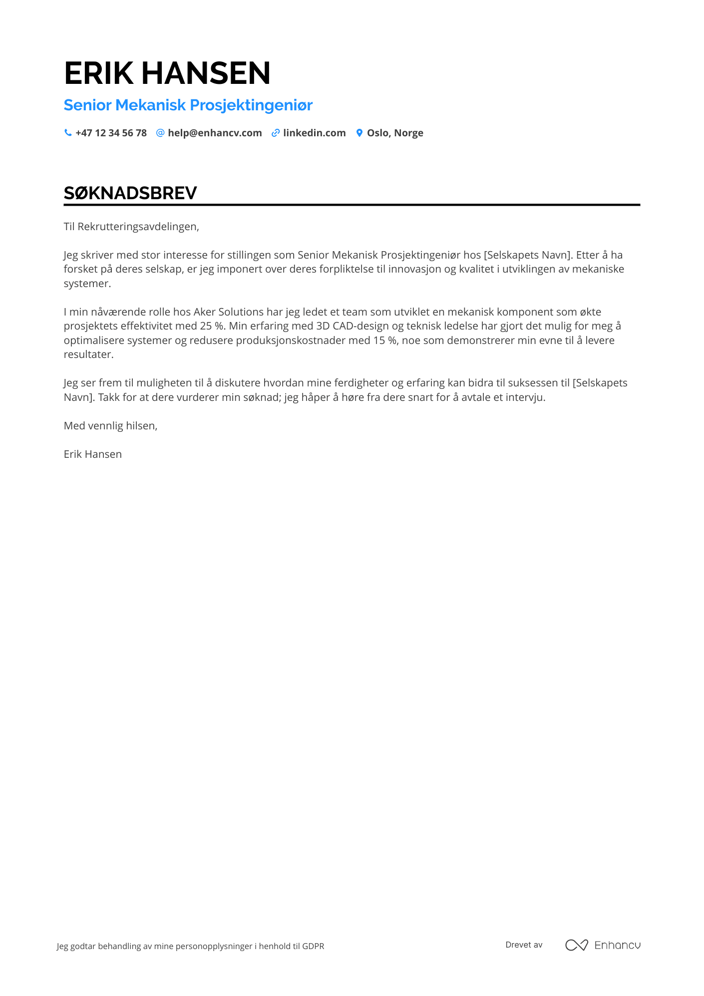 Søknadsbrev for Senior Mekanisk Prosjektingeniør Resume Example