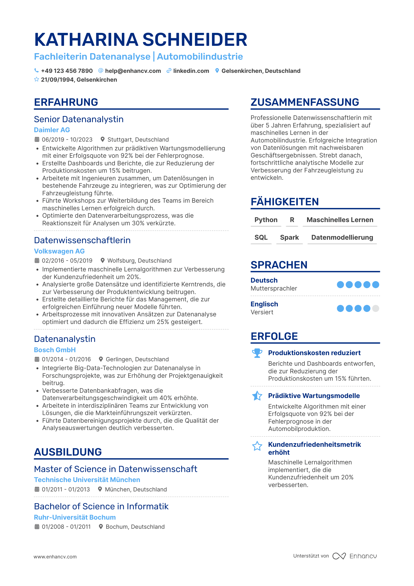 Lebenslauf in Datenwissenschaftler für Automobilindustrie Resume Example
