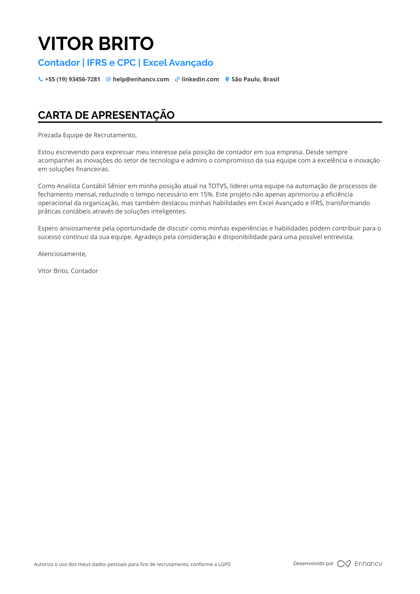 Analista Contábil Sênior Resume Example