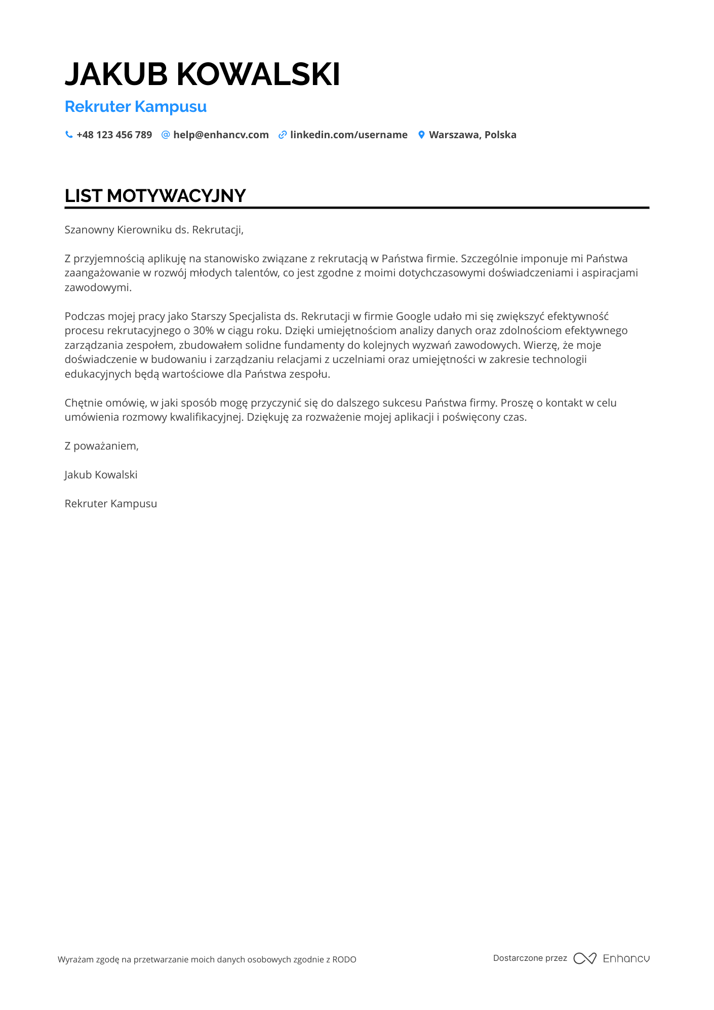 List motywacyjny dla Rekruter kampusu Resume Example