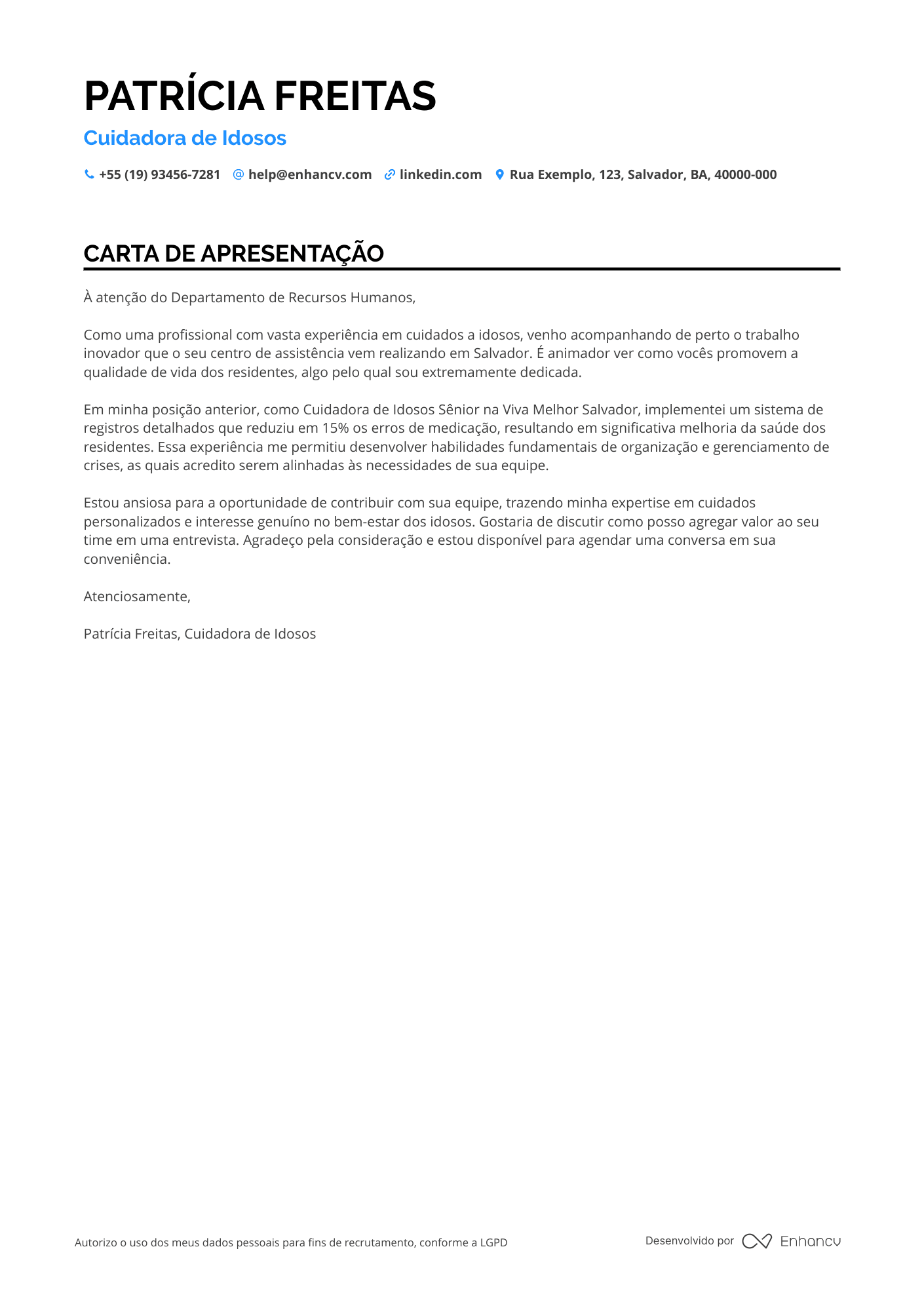 Cuidador de Idosos em Clínica Geriátrica Resume Example