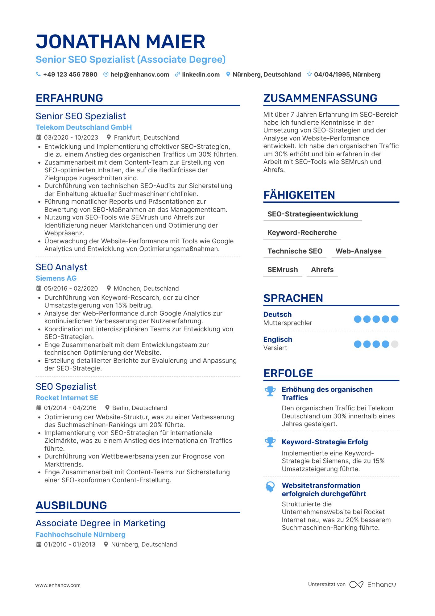 Lebenslauf in SEO Spezialist für die Technologiebranche Resume Example