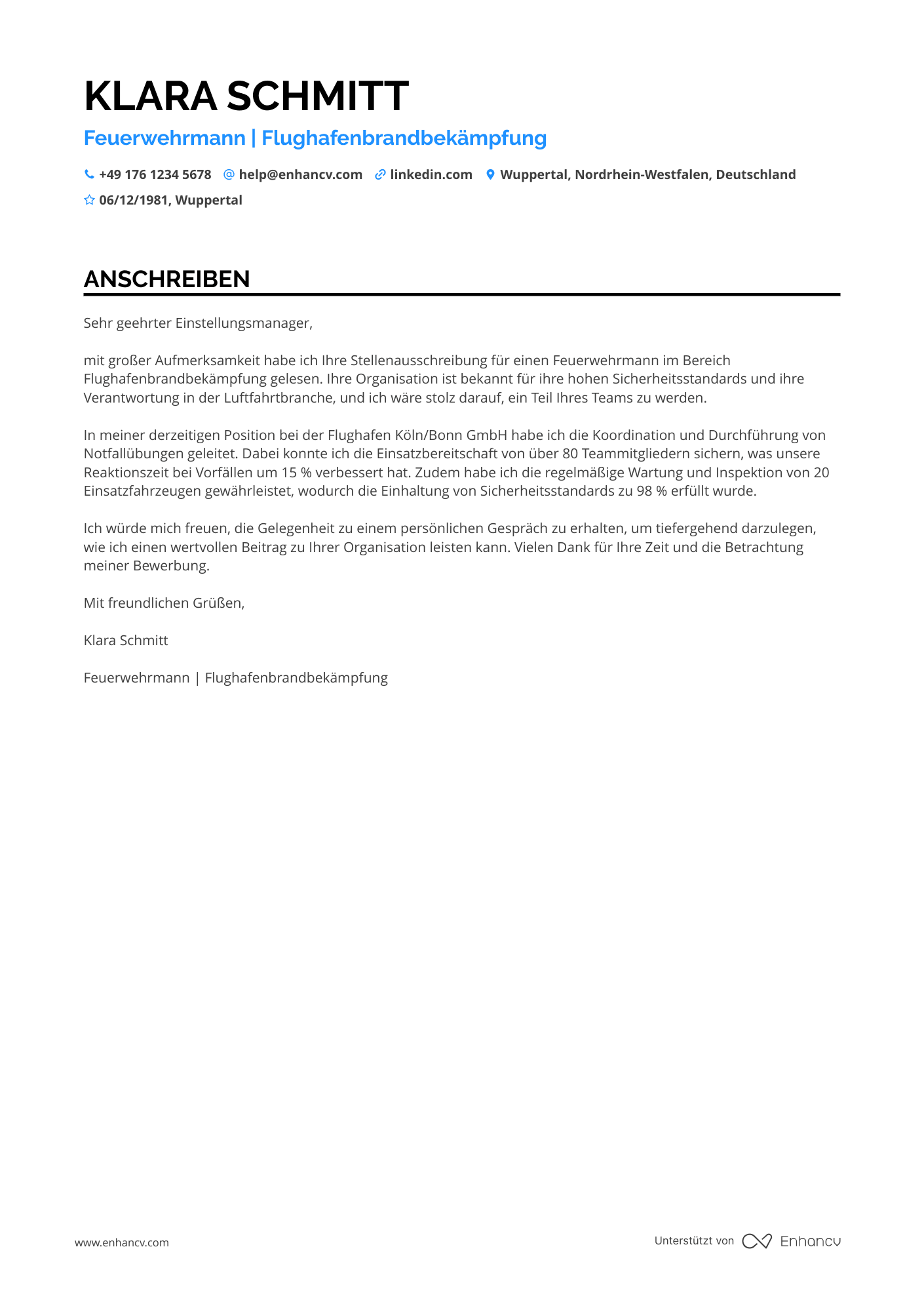 Feuerwehrmann für Flughafen Resume Example