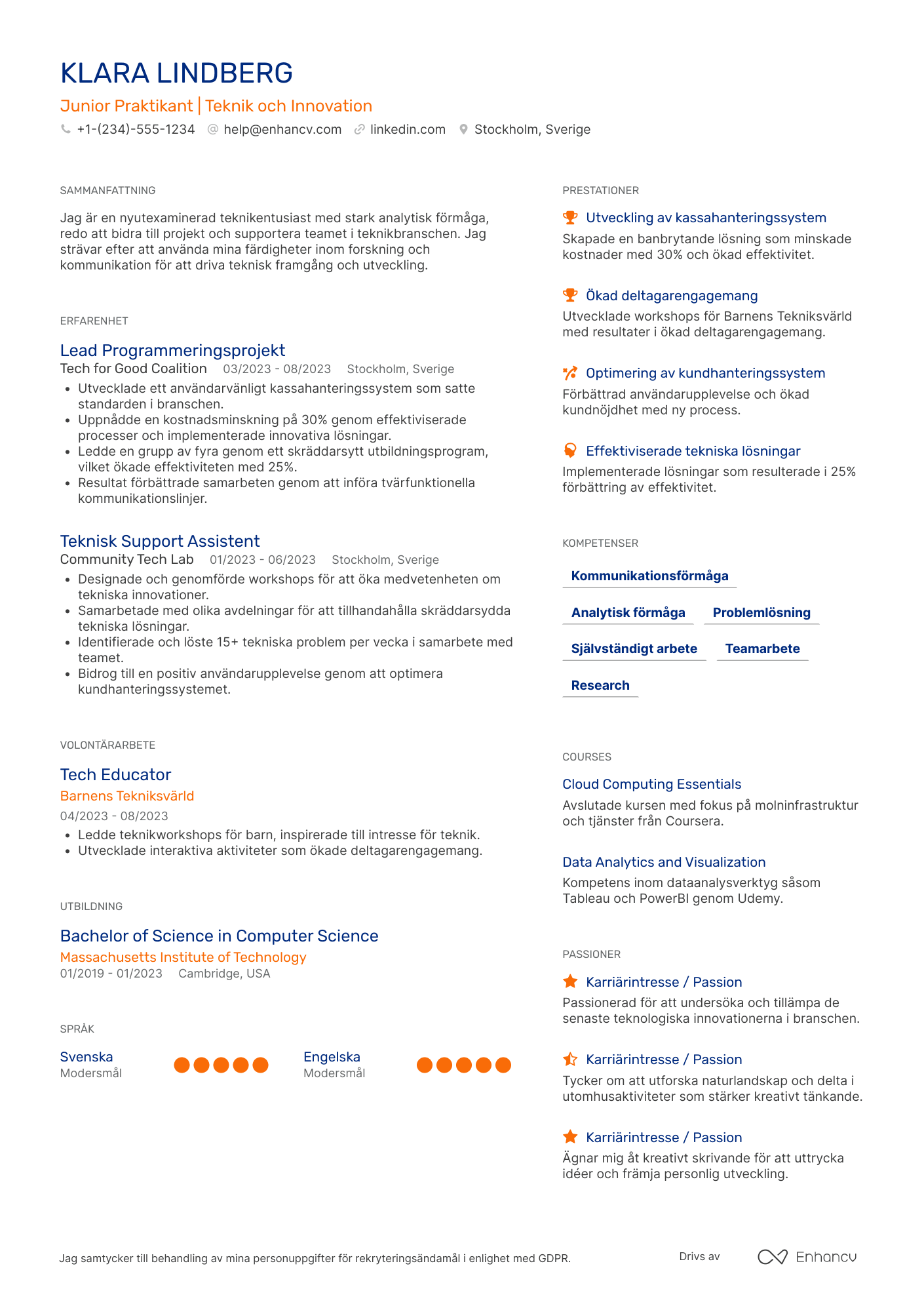 CV för Junior Praktikant Resume Example
