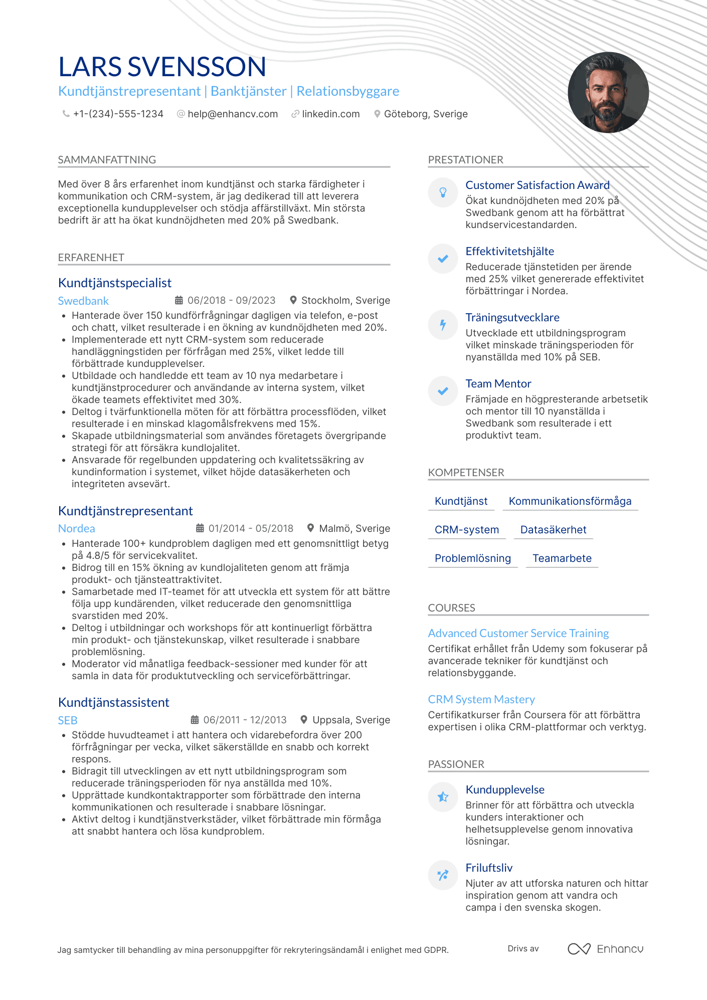 CV för Kundtjänstrepresentant Bankverksamhet Resume Example