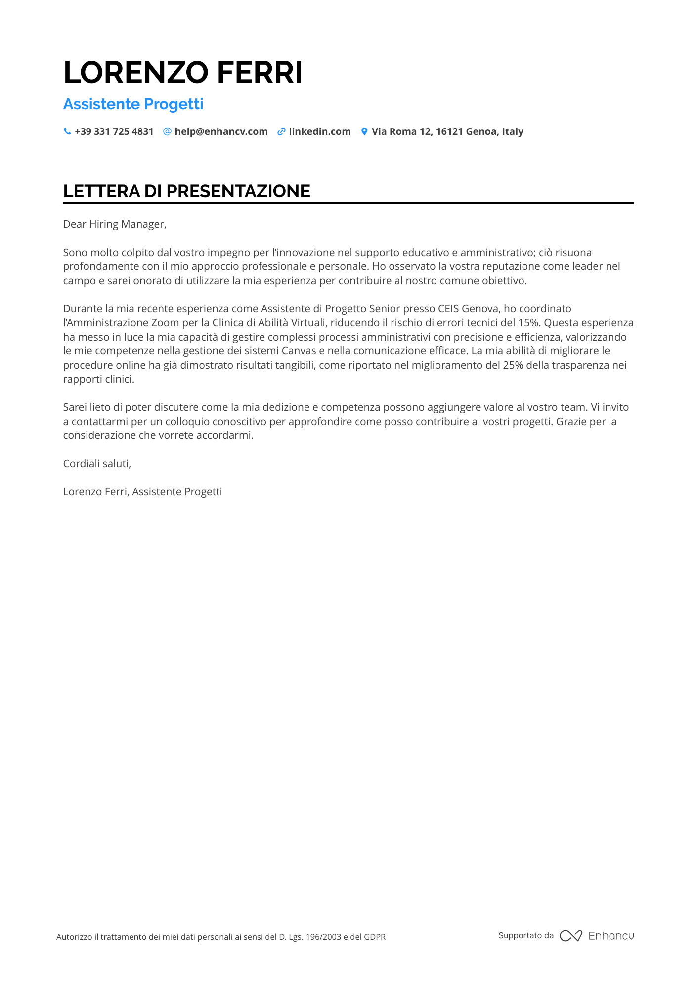 Accademico di Studi Umanistici Resume Example