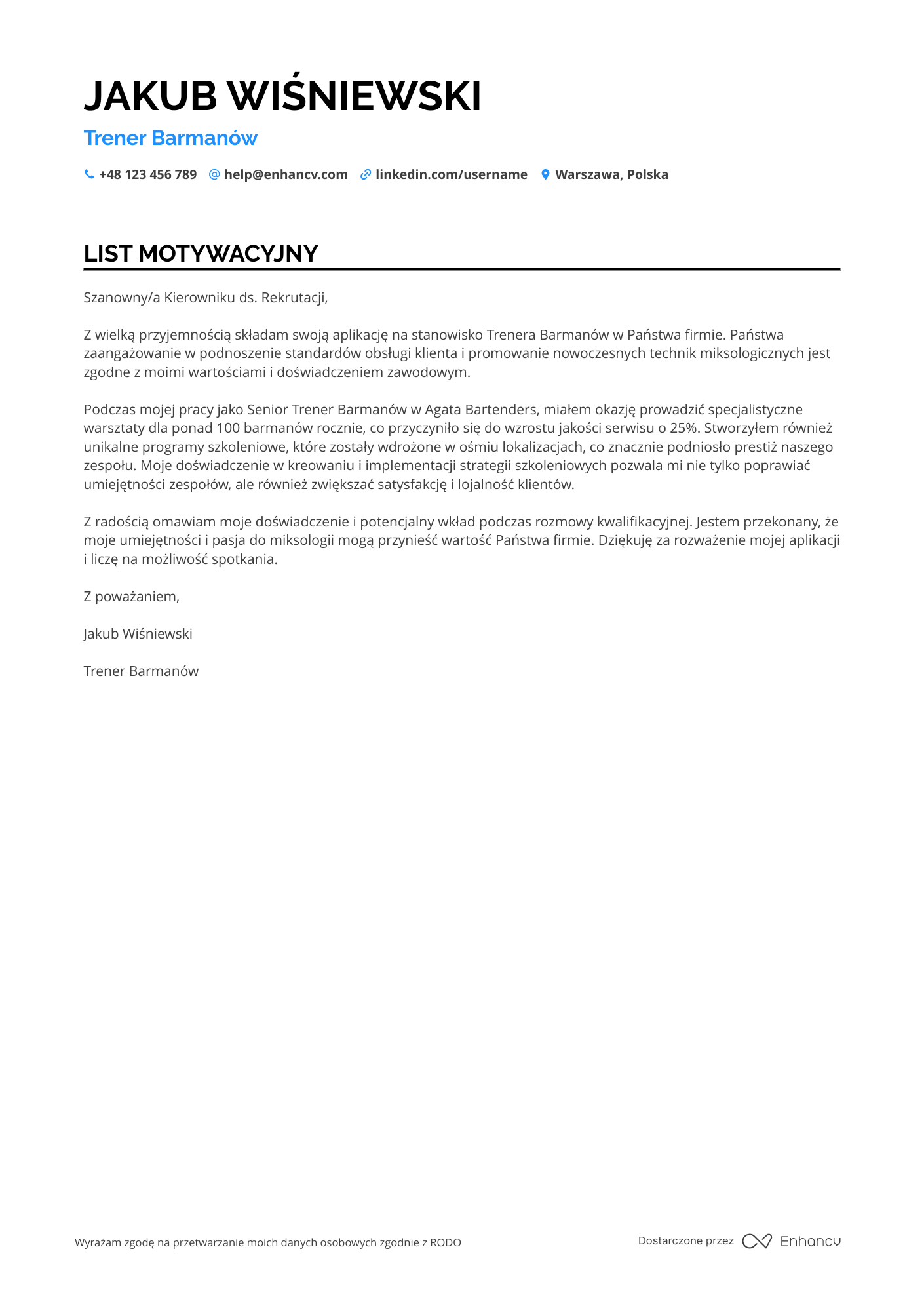 List motywacyjny dla Trener Barmanów Resume Example