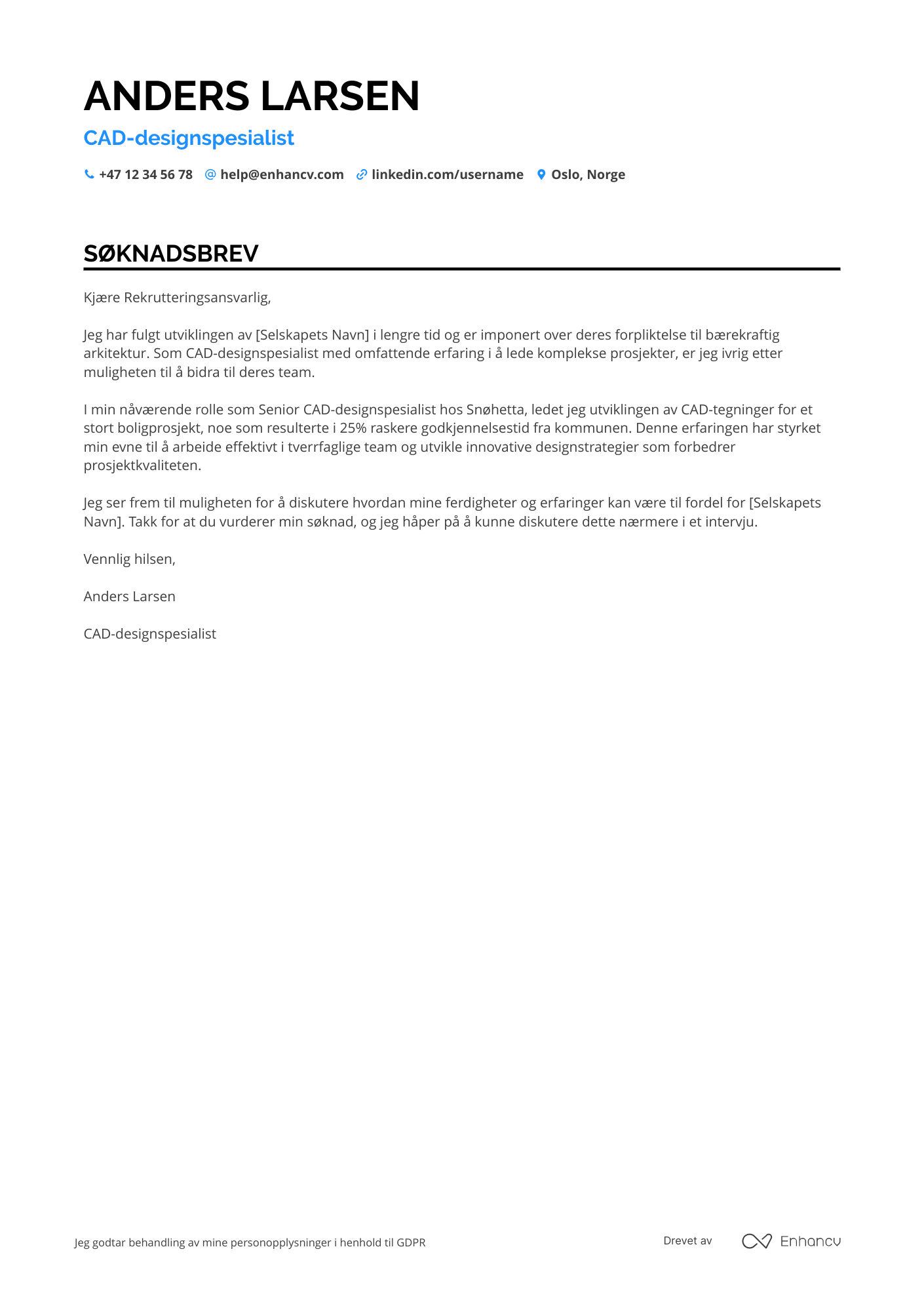 Søknadsbrev for CAD designspesialist in Architecture Resume Example