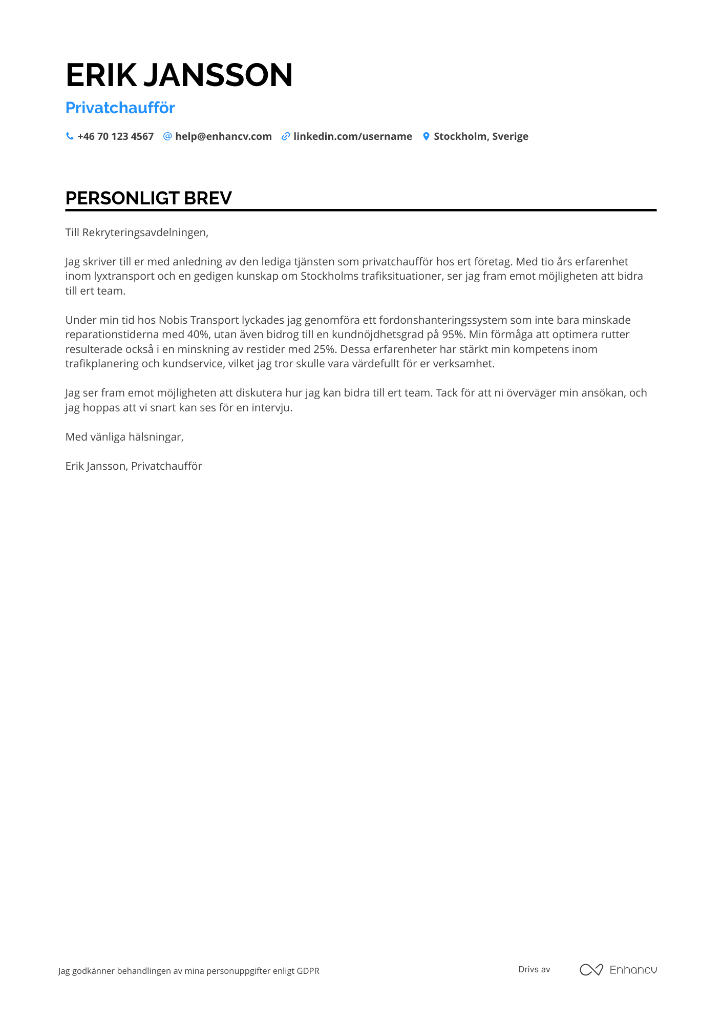 Personligt brev för Private Chaufför Resume Example