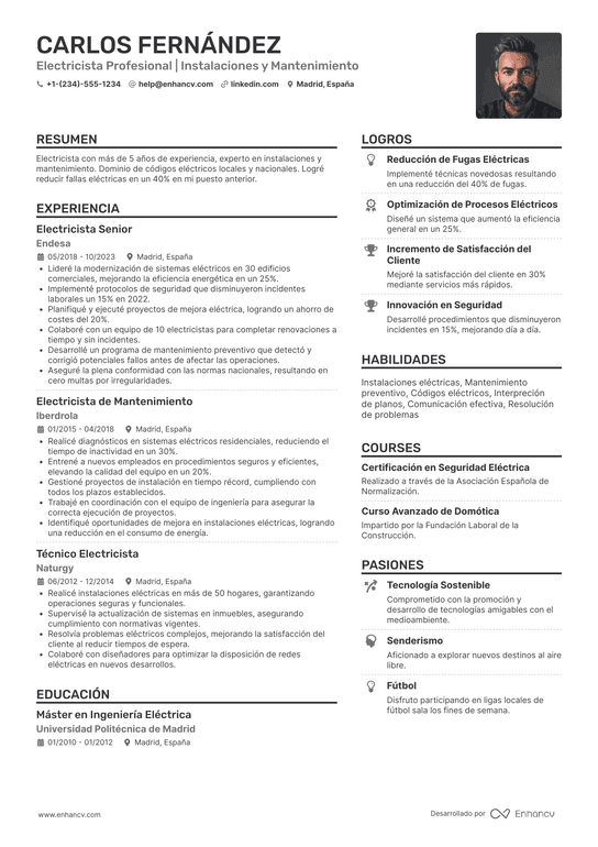 CV para electricista Resume Example