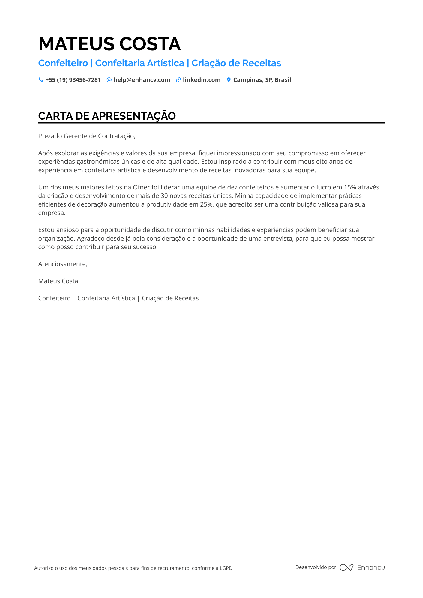 Confeiteiro de Confeitaria Vegana Resume Example