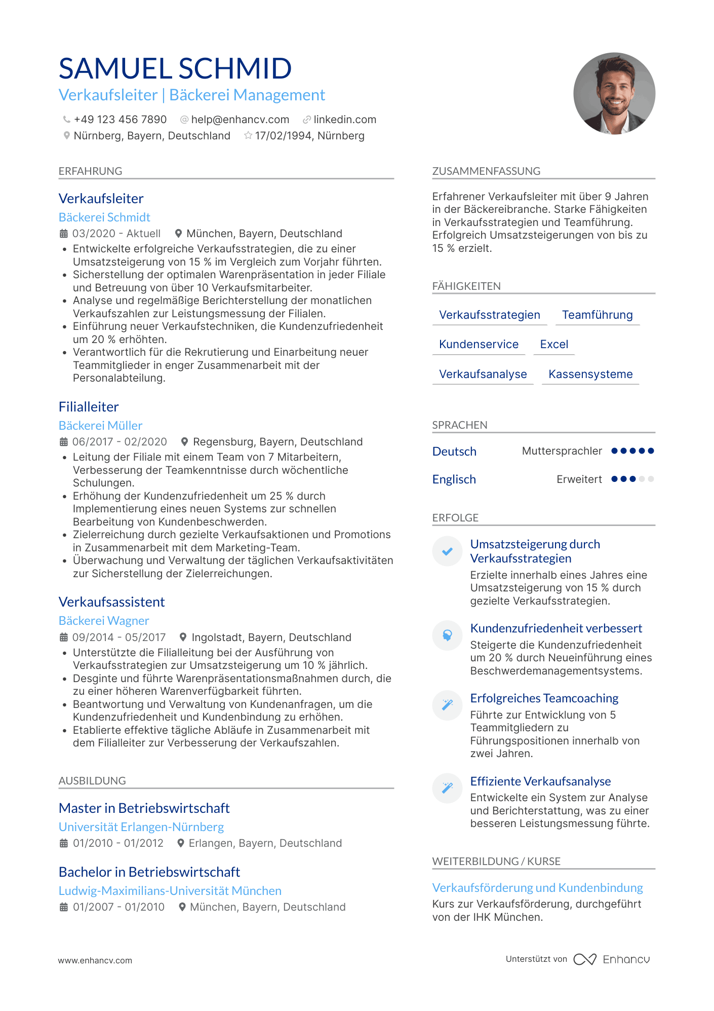 Lebenslauf als Bäckerei Verkaufsleiter Resume Example