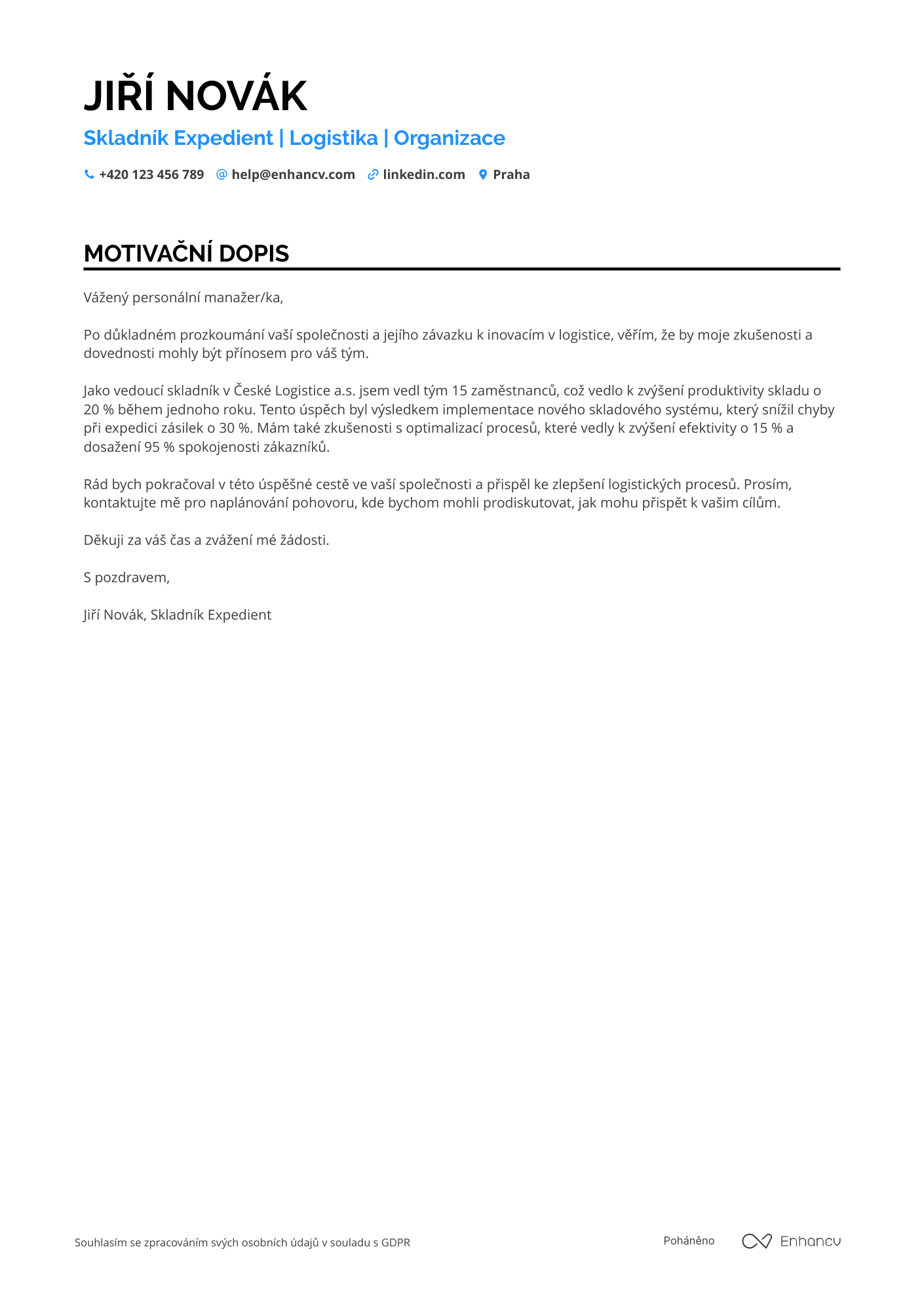 Motivační dopis pro Skladník Expedient Resume Example