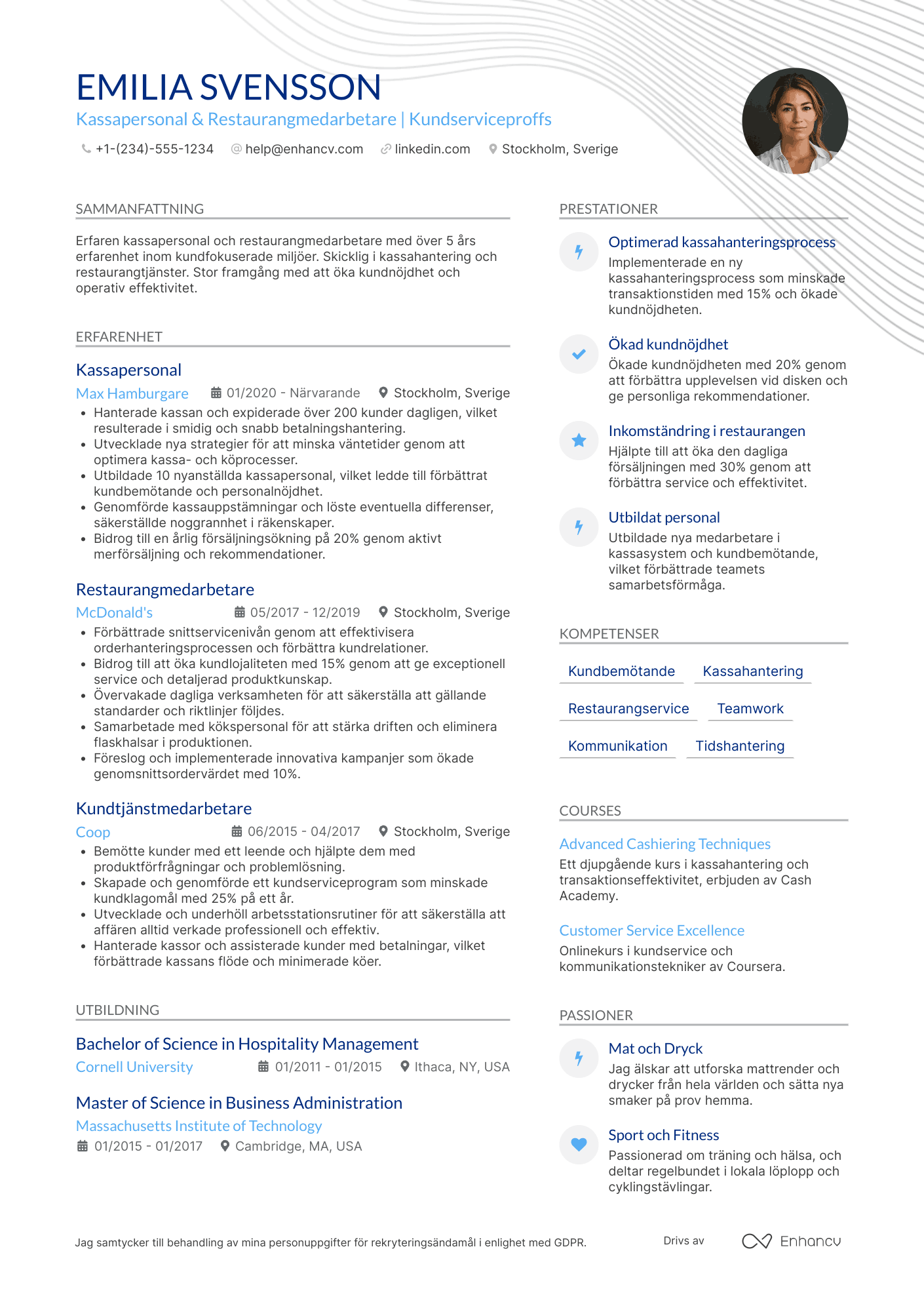 CV för Kassapersonal Restaurangmedarbetare Resume Example