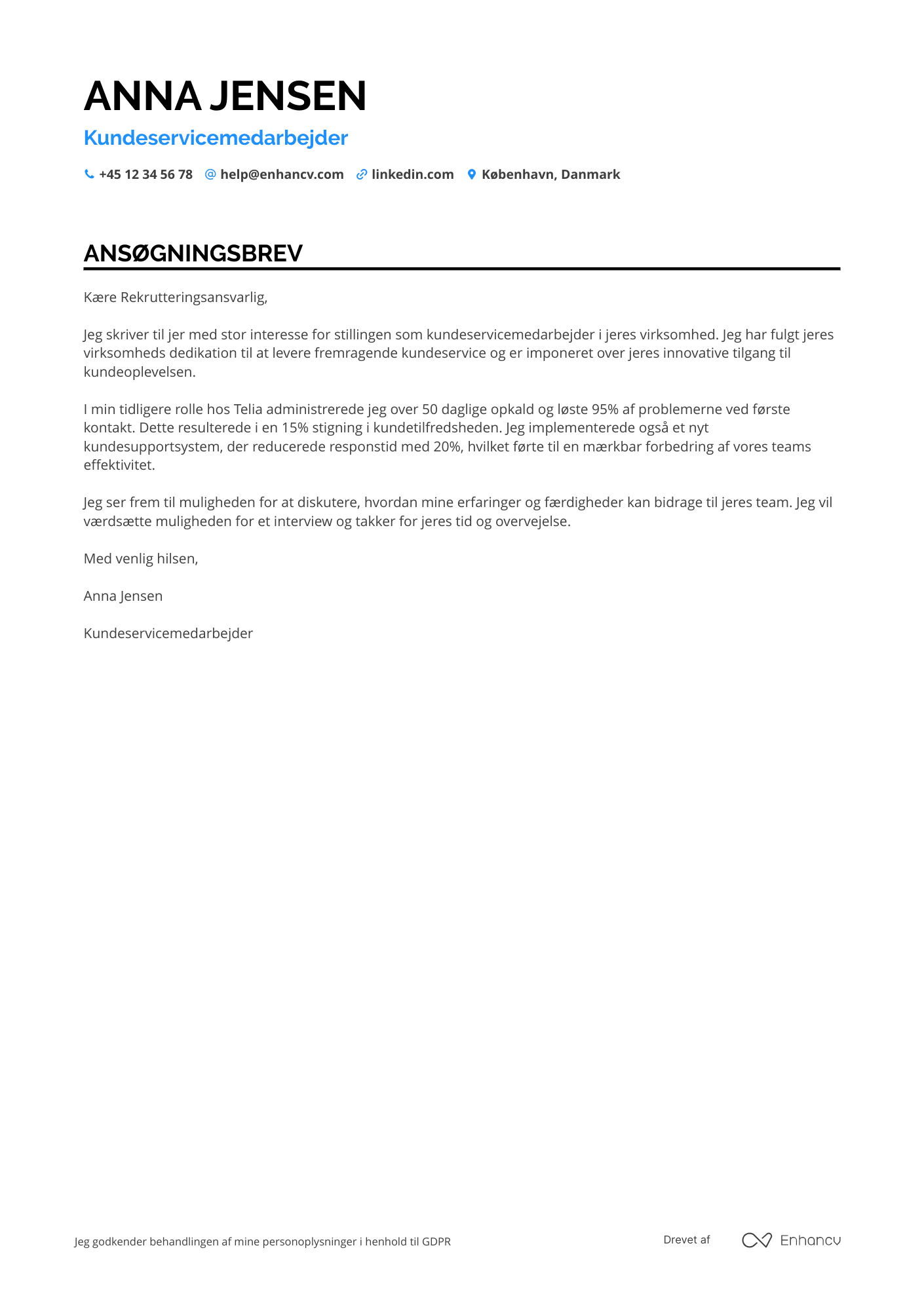 Ansøgningsbrev til Kundeservicemedarbejder   telefonsupport Resume Example