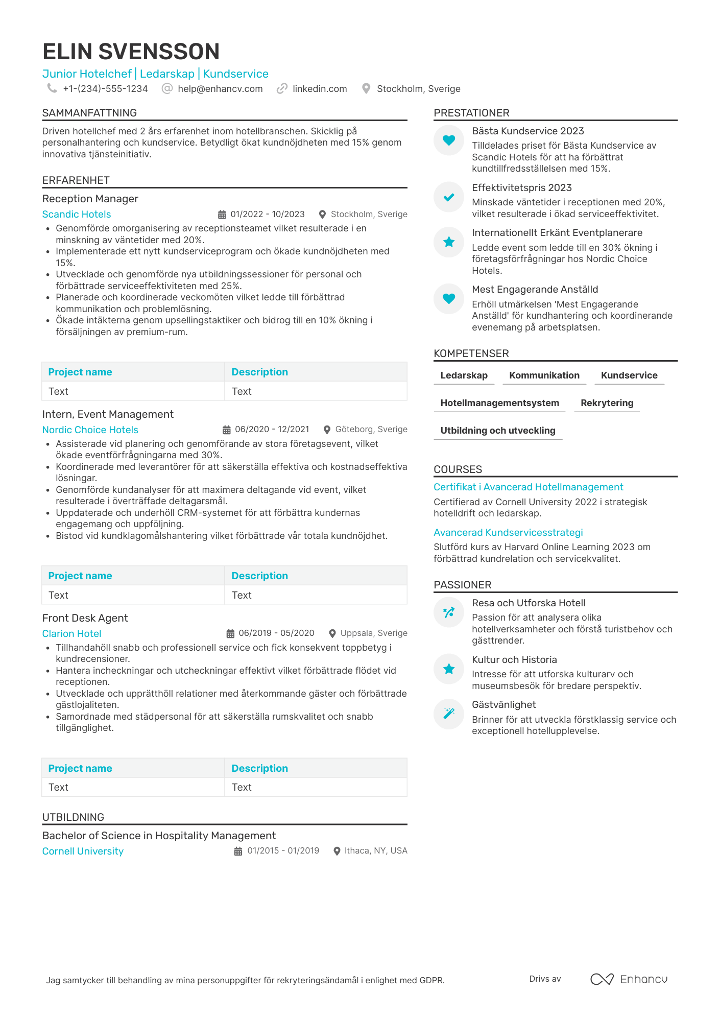 CV för Hotellchef junior Resume Example
