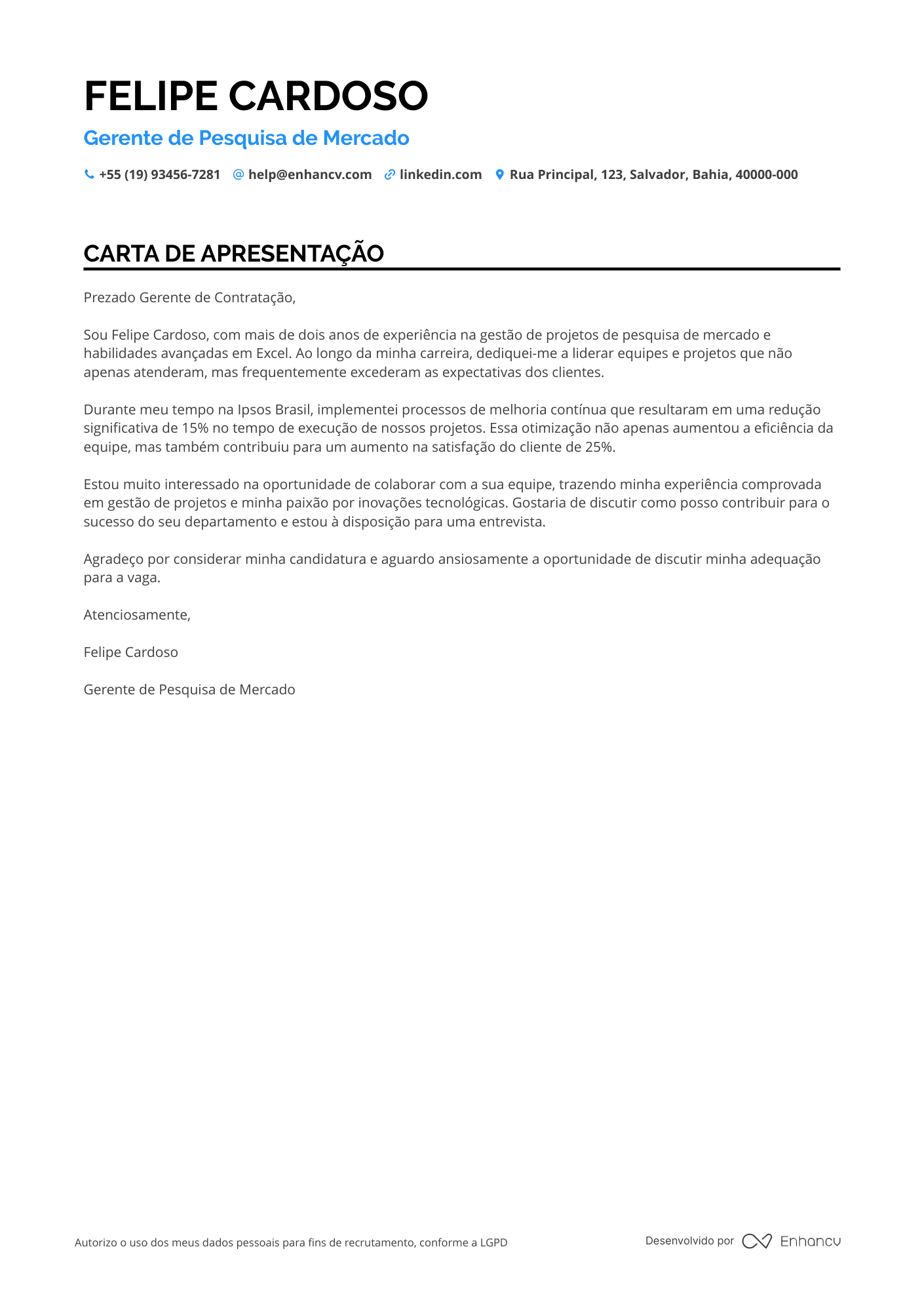 Pesquisador de Mercado Resume Example