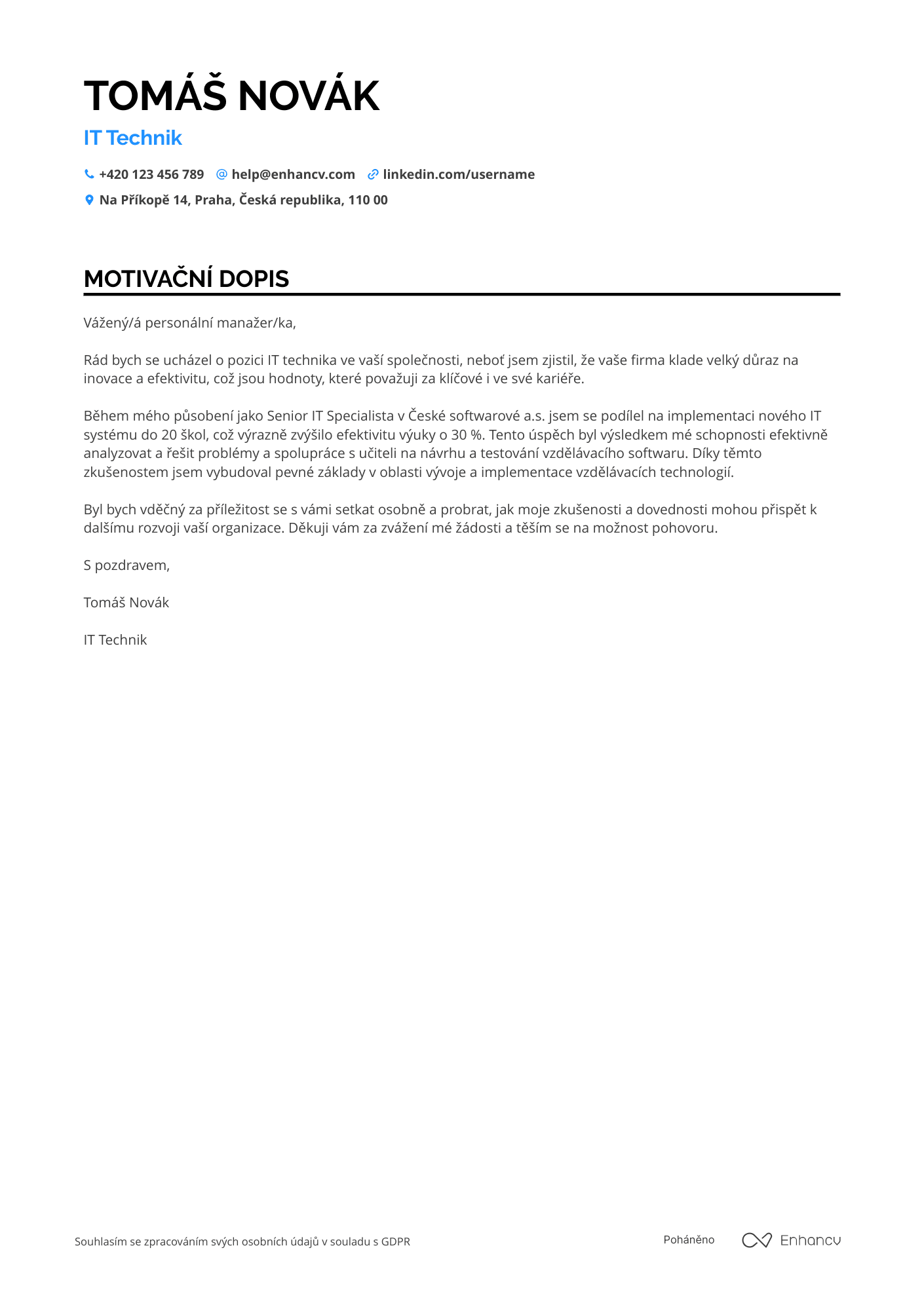 Motivační dopis pro IT Technik Bildung Resume Example