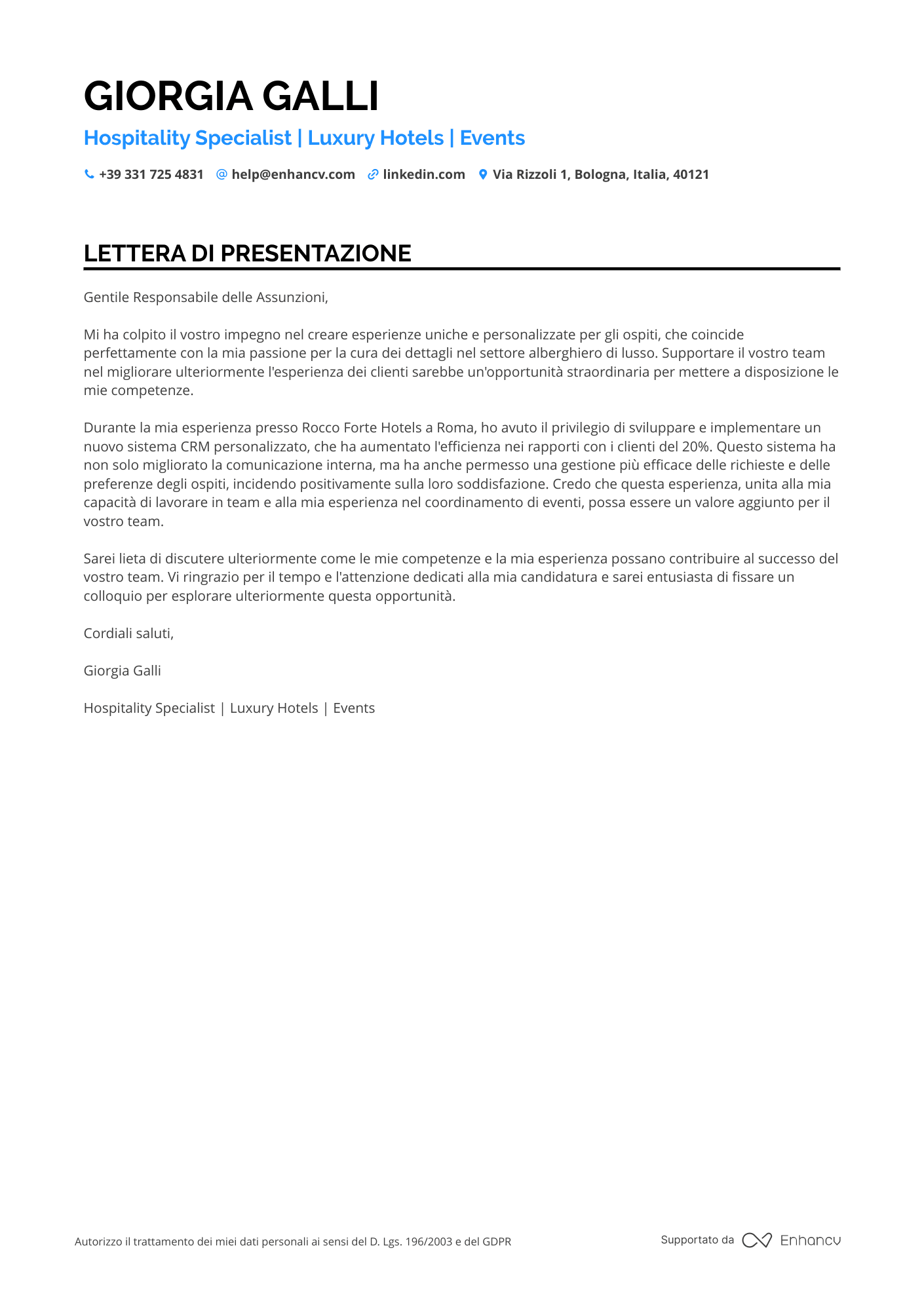 Hostess di Volo Resume Example