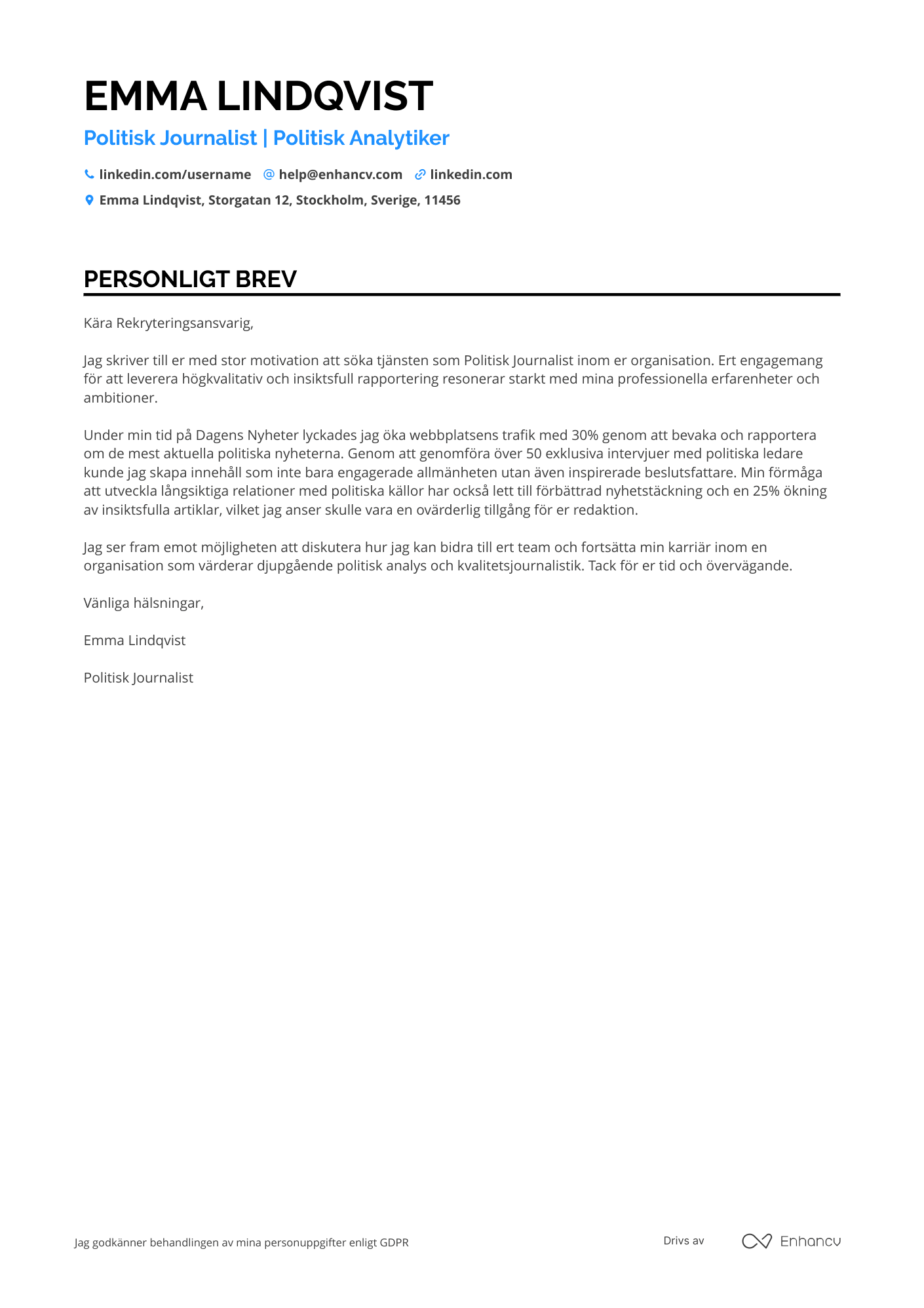 Personligt brev för Politisk Journalist Resume Example