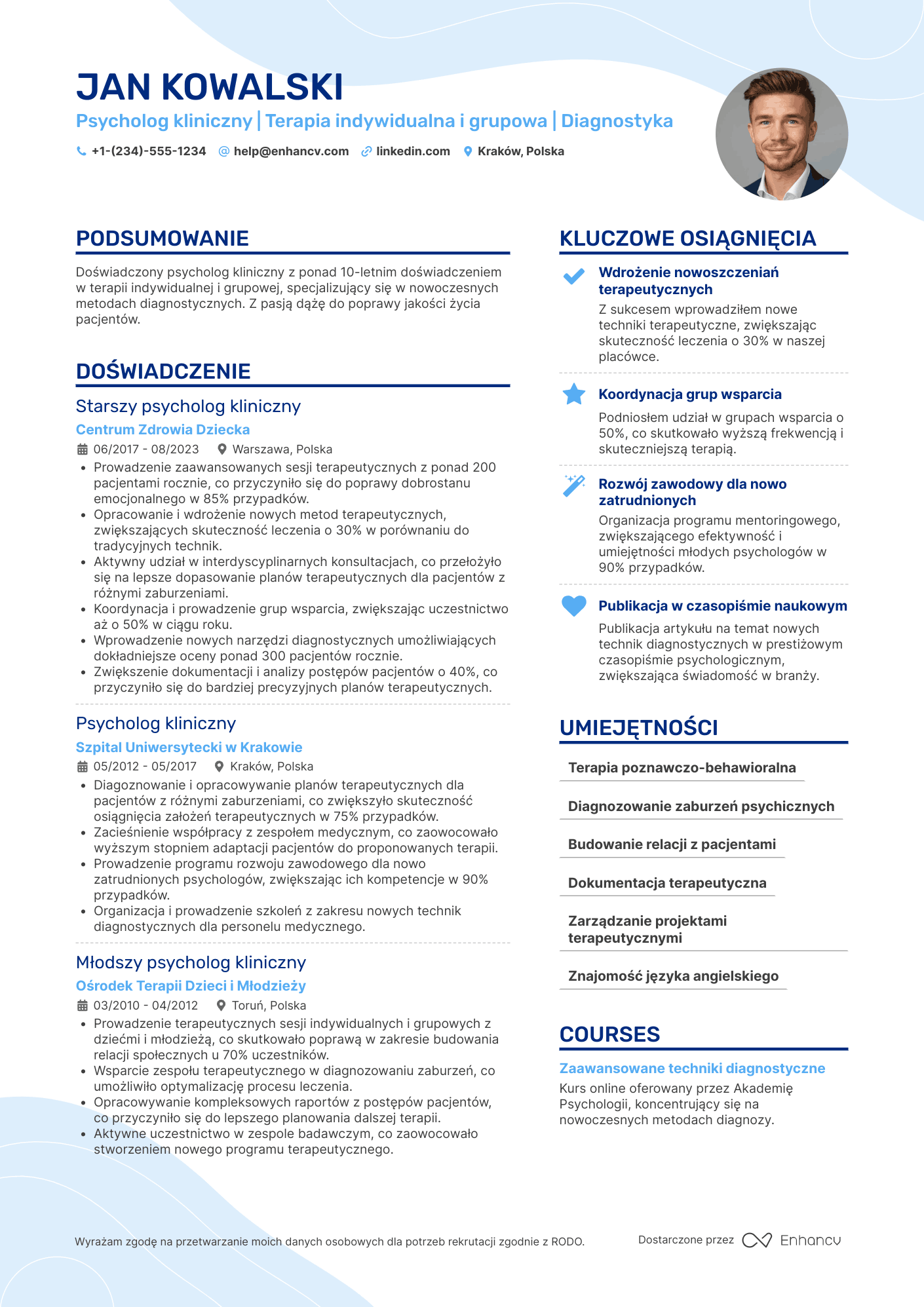 CV dla Psycholog kliniczny Resume Example