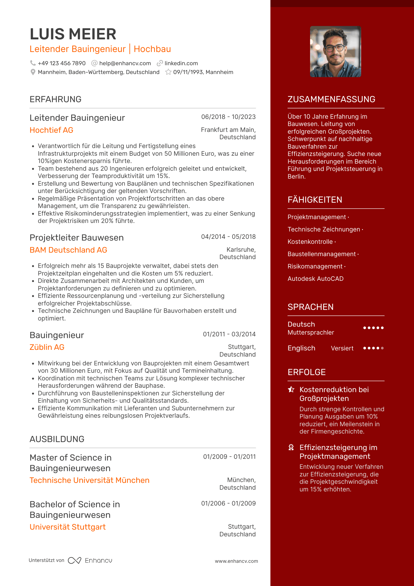 Lebenslauf als Bauingenieur Fachbereichsleiter Resume Example