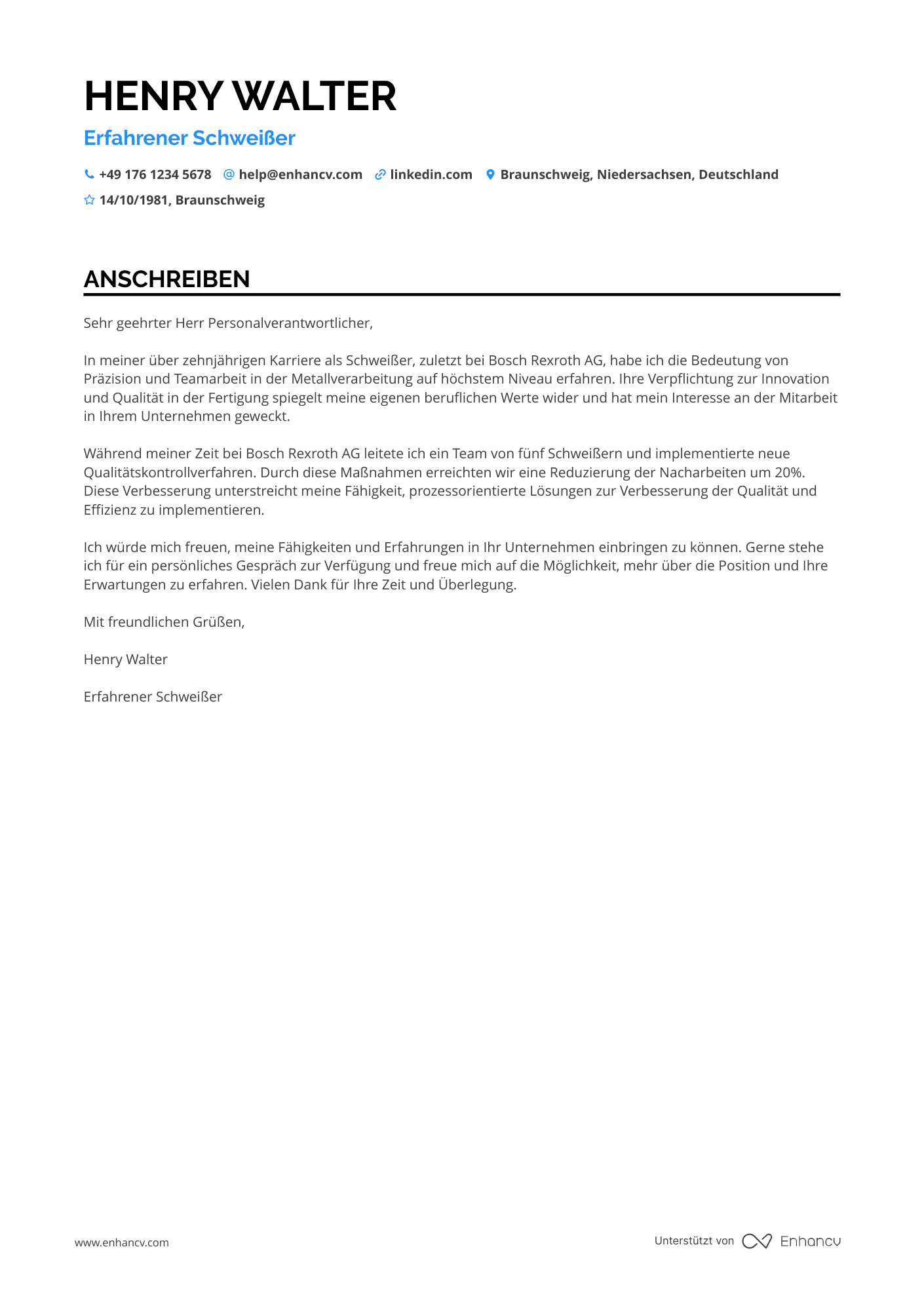 Fortgeschrittener Schweißer Resume Example