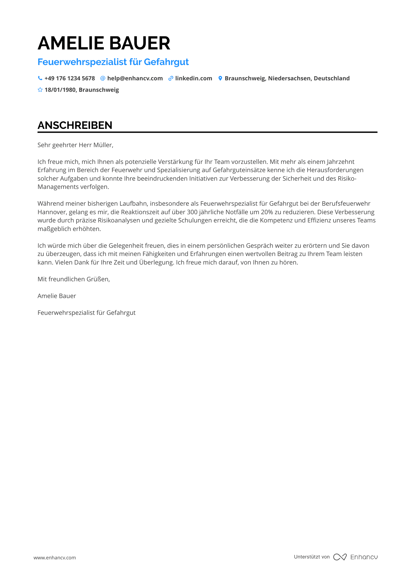 Feuerwehrmann Spezialist für Gefahrgut Resume Example