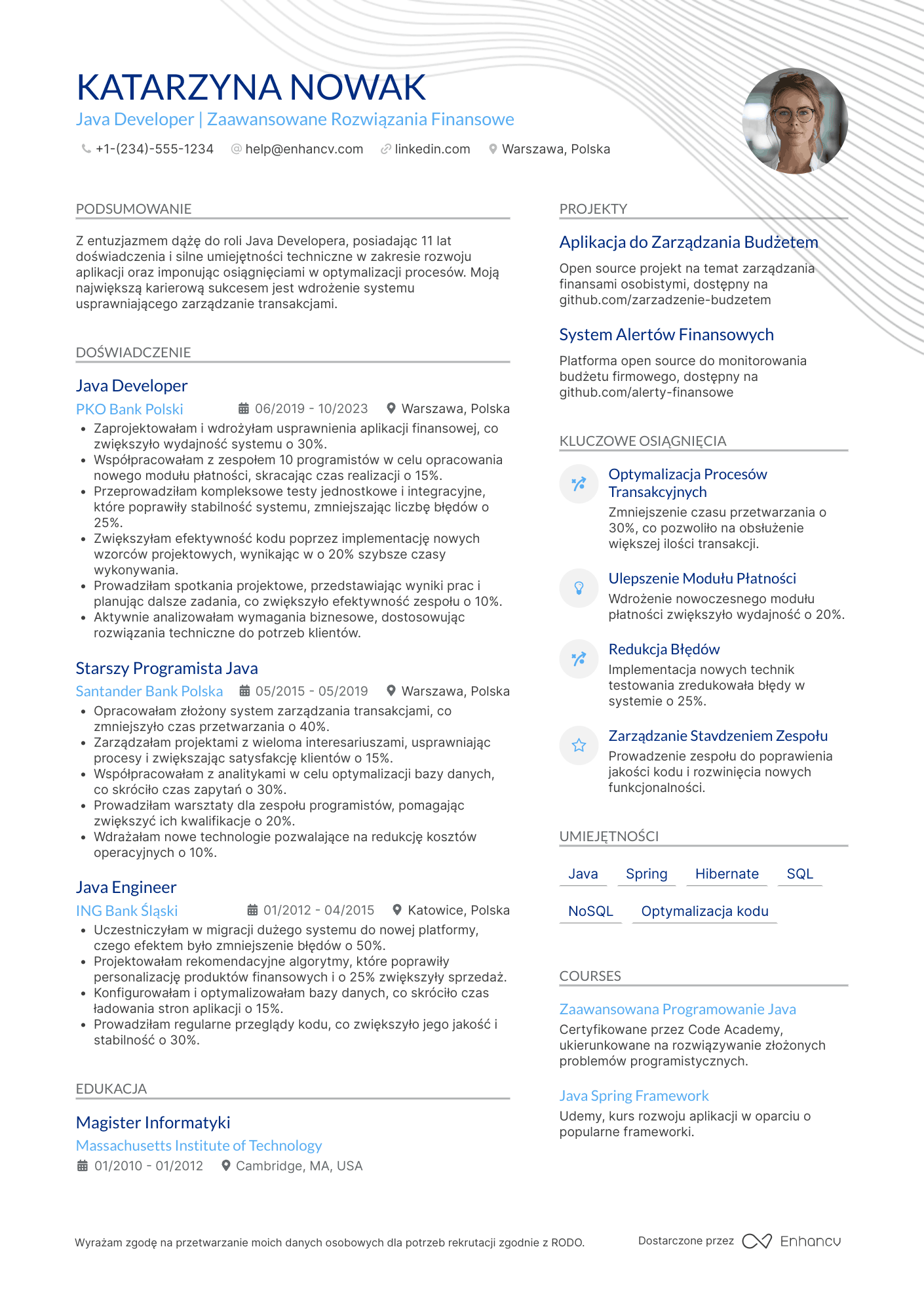 CV dla Java Developer in Finance Resume Example