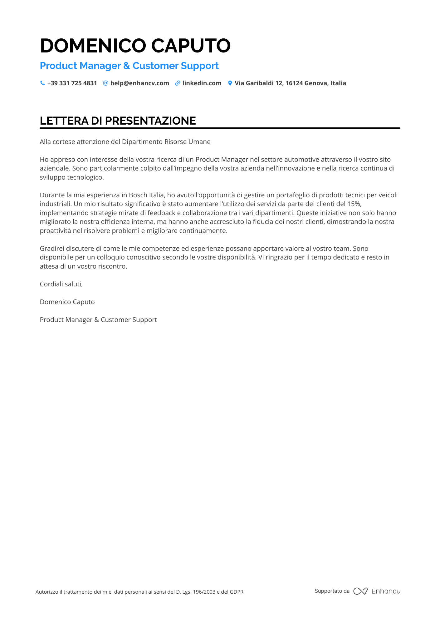 Manager di Prodotto Resume Example