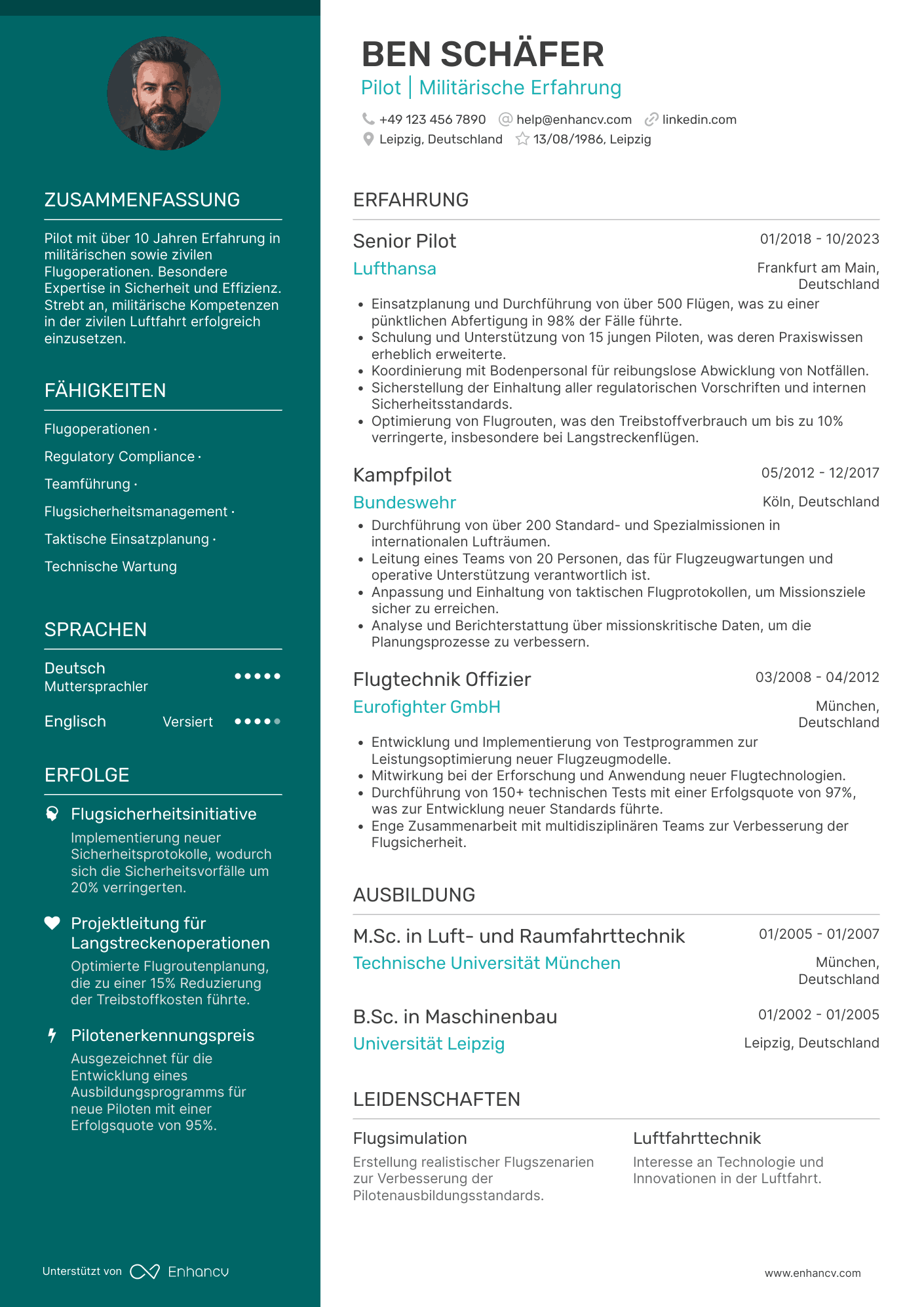 Lebenslauf als Pilot mit militärischer Erfahrung Resume Example